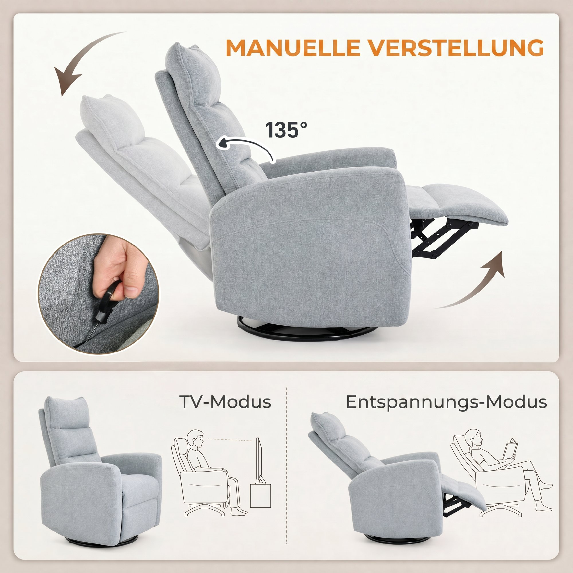 Relaxsessel, Drehbarer Fernsehsessel mit Liegefunktion, Breitem Tiefem Sitz, Kratzfestem Stoff für Wohnzimmer, Hellgrau