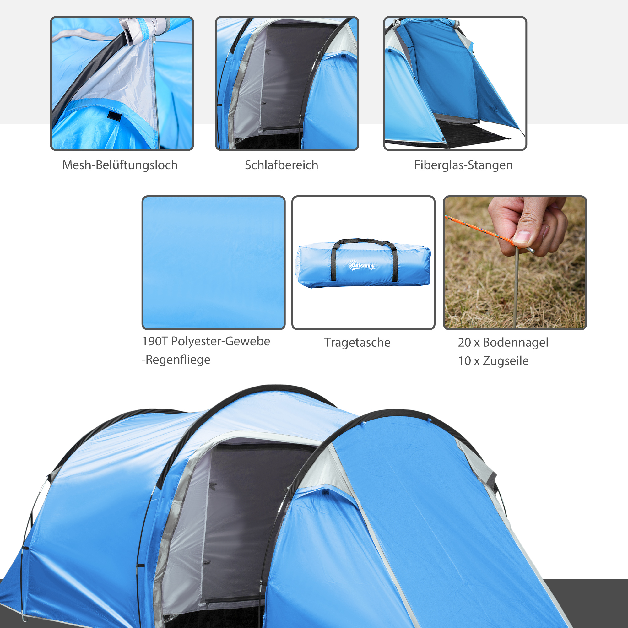 Campingzelt, Wurfzelt für 2-3 Personen, Vorraum & Schlafbereich, wasserdicht, 426 x 206 x 154 cm, Hellblau