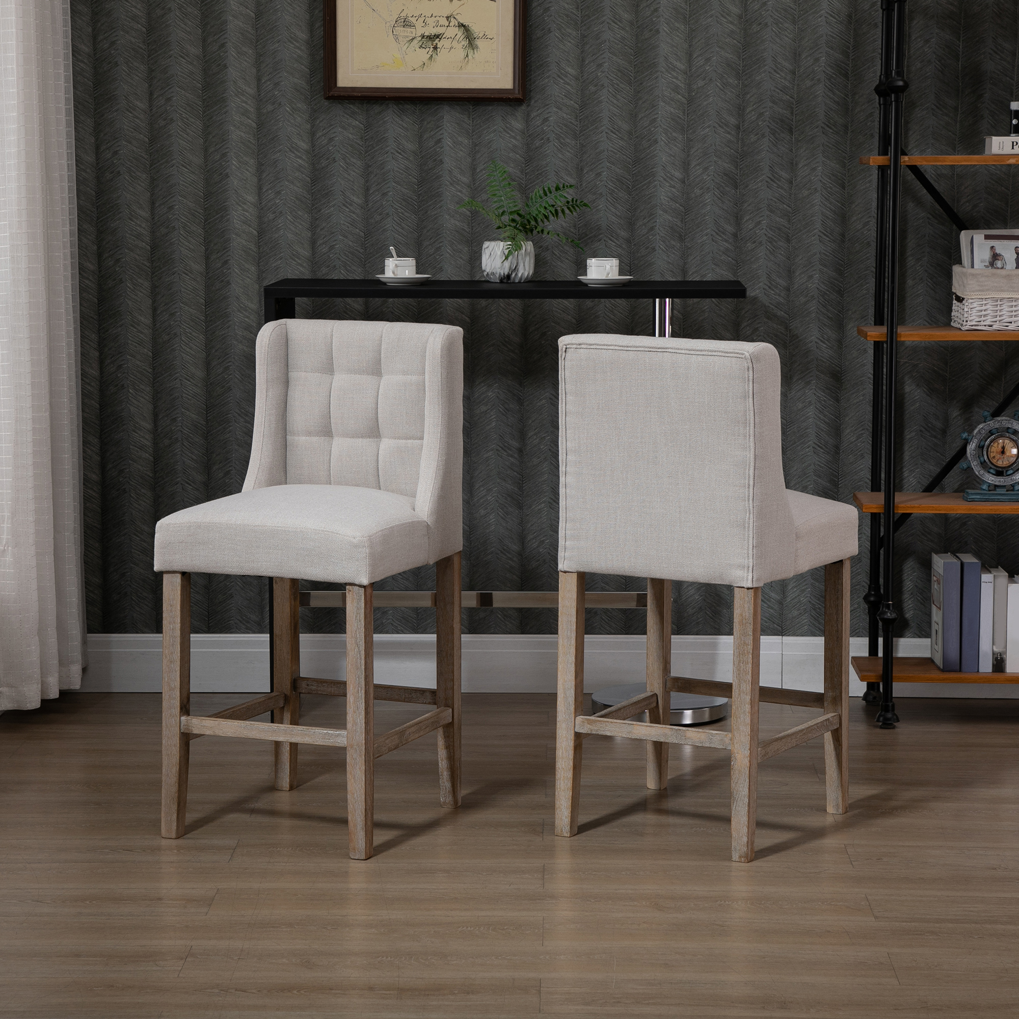 2er-Set Barhocker mit lehne Barstühle mit Knopfheftung, Massivholz, inkl, Fußstütze, 47 cm x 50 cm x 101 cm, Grau + Natur