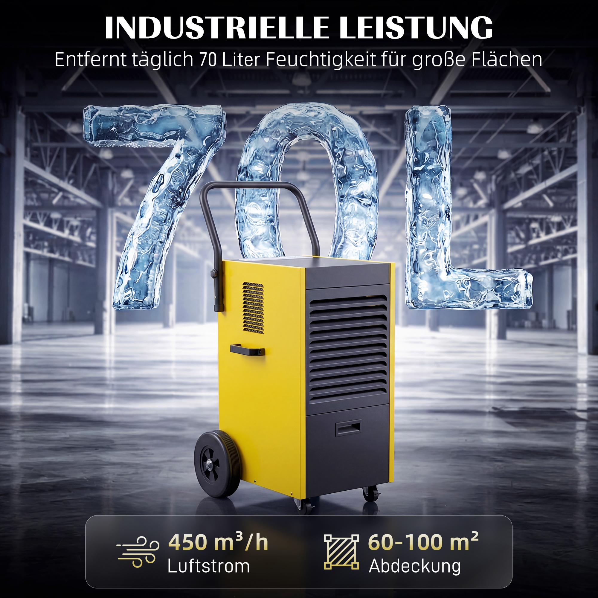 Gewerbe-Luftentfeuchter 70L/Tag mit Rädern und Griff, kontinuierlicher Ablaufschlauch, 24-Stunden-Timer, 5,5L Tank, Gelb