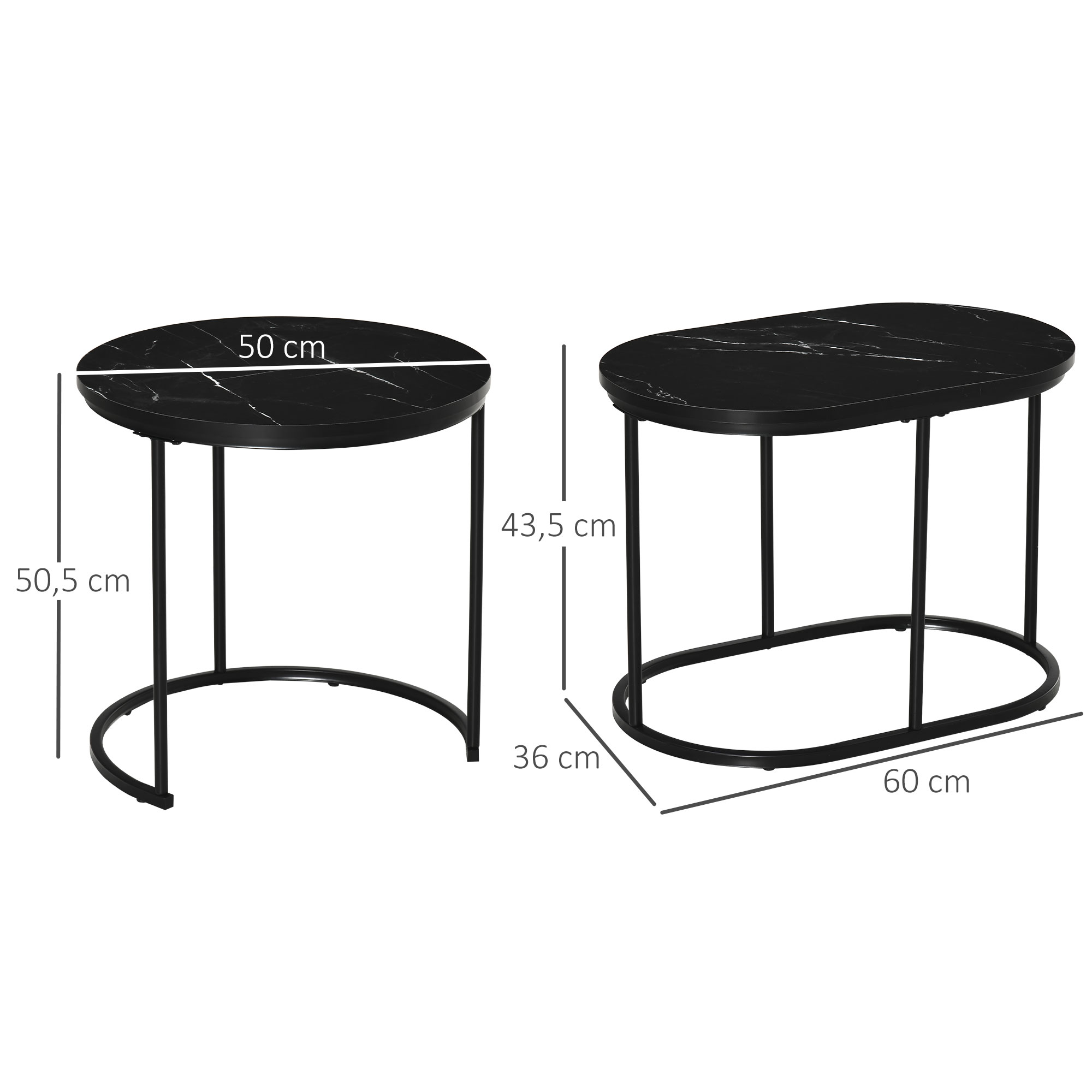 2er-Set Couchtisch, Ovaler und runder Kaffeetisch, stapelbar, Marmoroptik, MDF, Metall, Ø50 x 50,5H cm, Schwarz