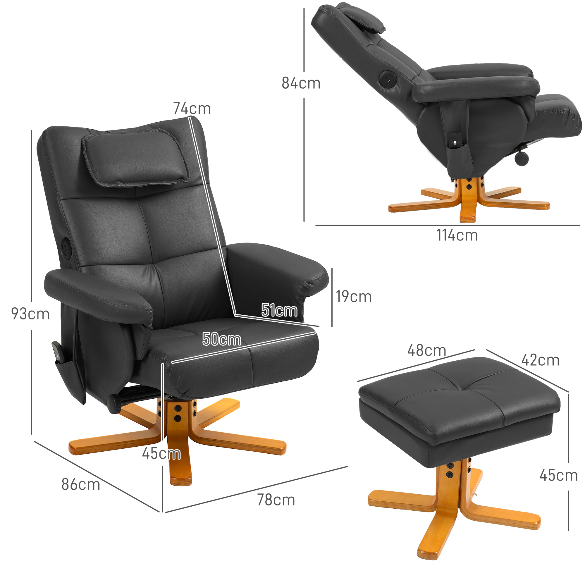 Massagesessel mit Hocker, verstellbare Lehne, USB-Ladeport, Lederoptik, bis 150 kg, Schwarz