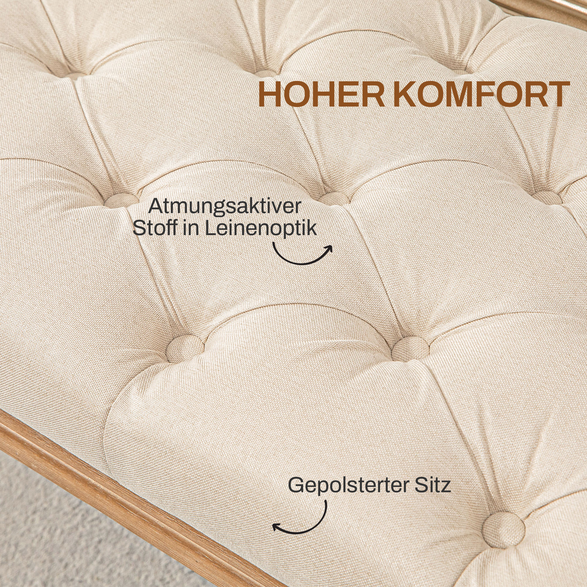 Polsterbank mit Knopfheftung, Bettbank, Vintage Design, 120x41x48cm, Cremeweiß