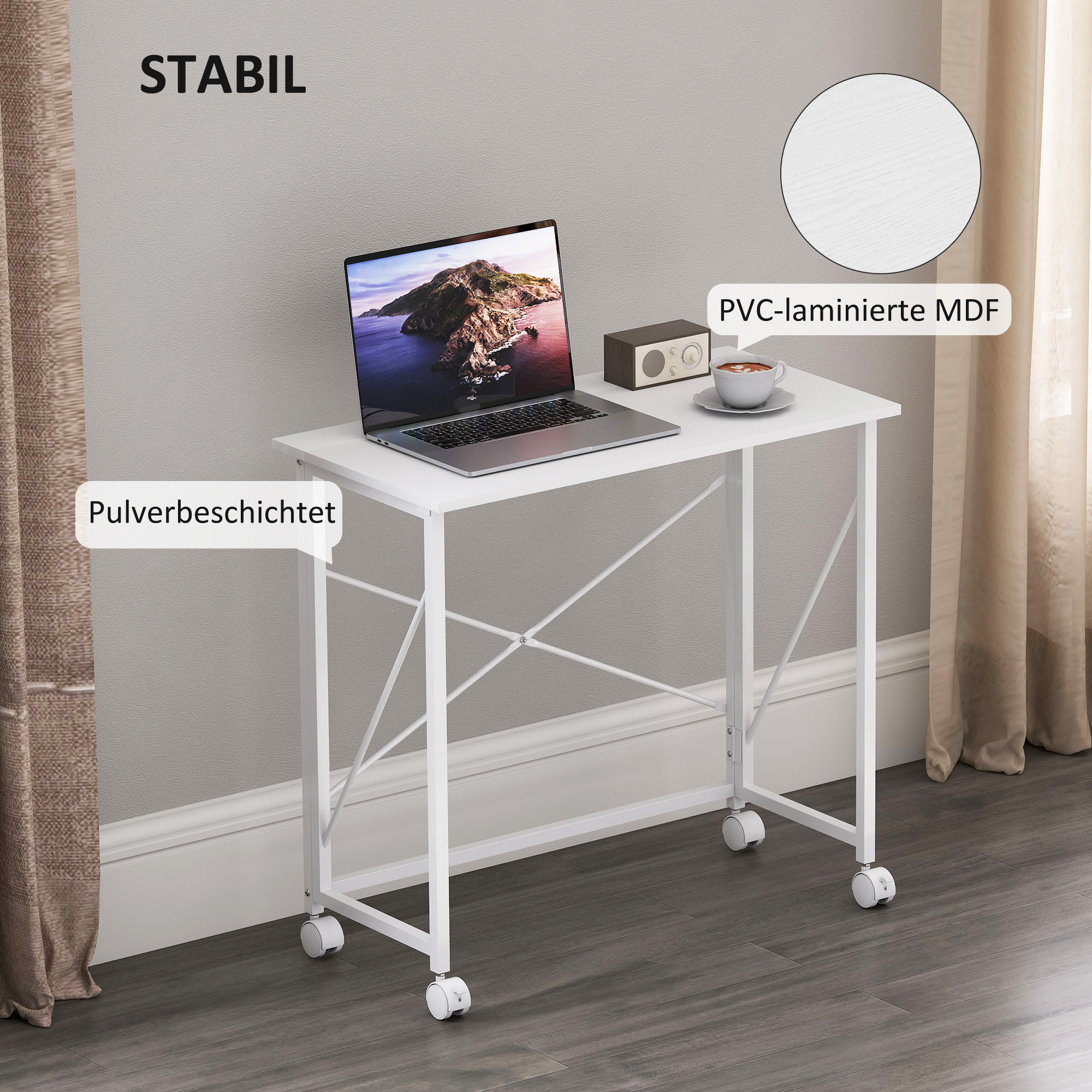 Schreibtisch mit Rollen, faltbarer Bürotisch mit Stahlgestell für Arbeitszimmer Schlafzimmer 80 x 40 x 75 cm Weiß