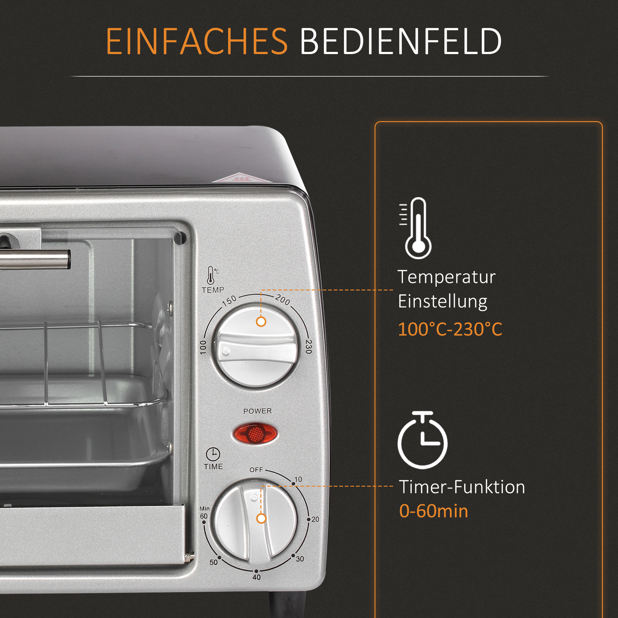 Mini Backofen 10 L 750W 100-230? 60 Min, Timer mit Backblech, Grillrost und Herausnehmbarer Bodenschale, Pizza-Ofen Silber