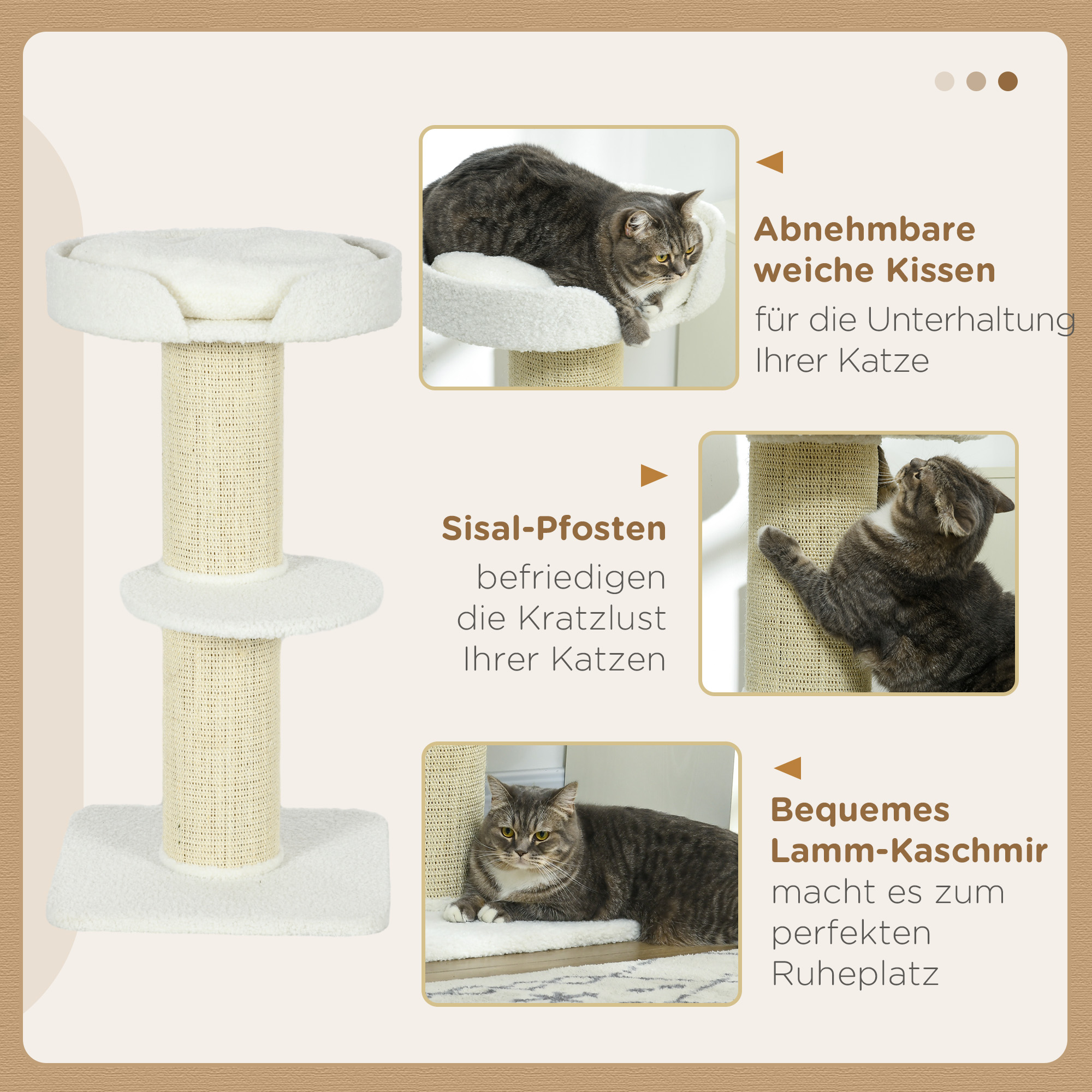 Katzenbaum  91cm Spielbaum mit Katzenbett, Plattform Lammwolle Creme