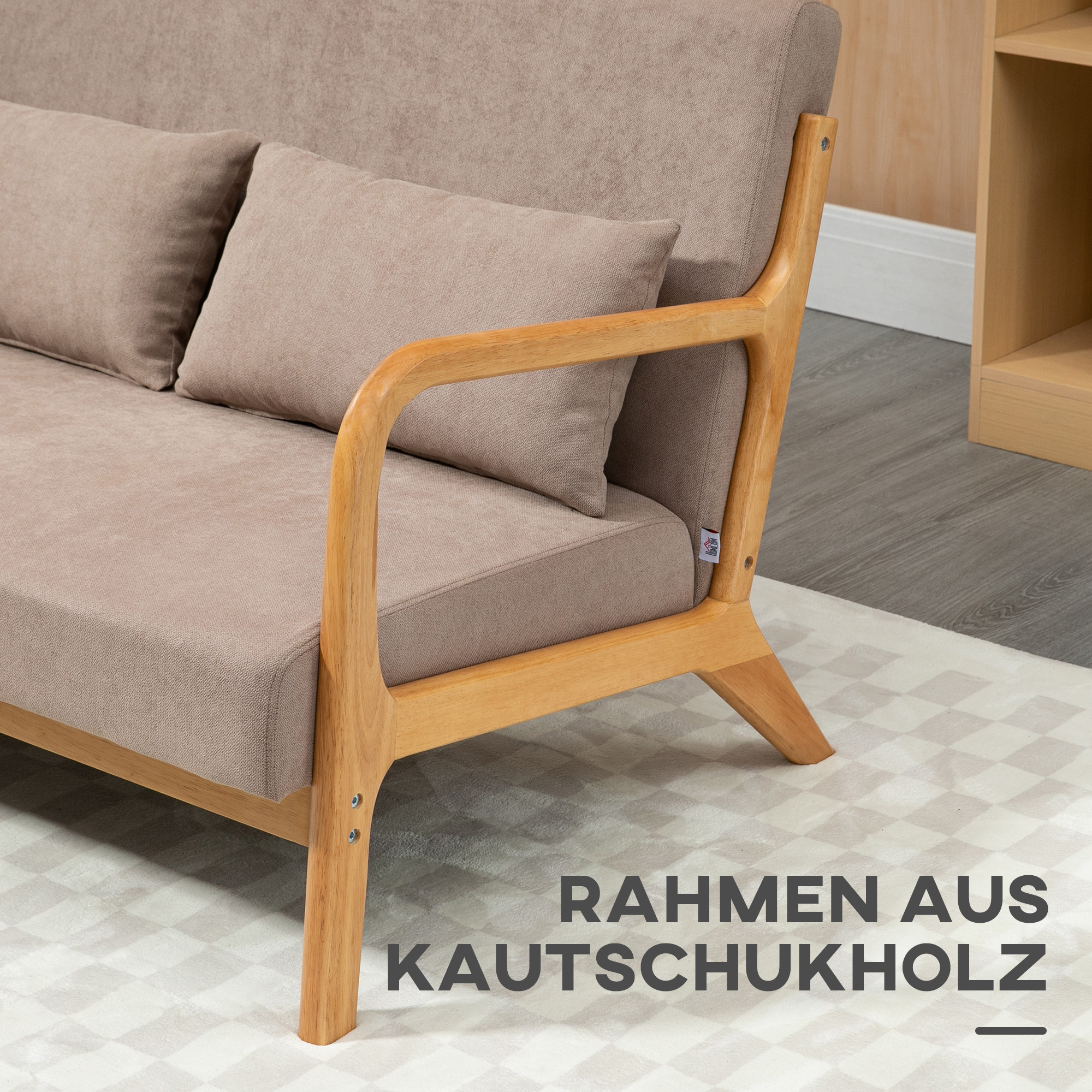 2-er Sofa, 2-Sitzer, kleines Sofa, Retrodesign, 2 Kissen, Kautschukholz, Braun + Natur