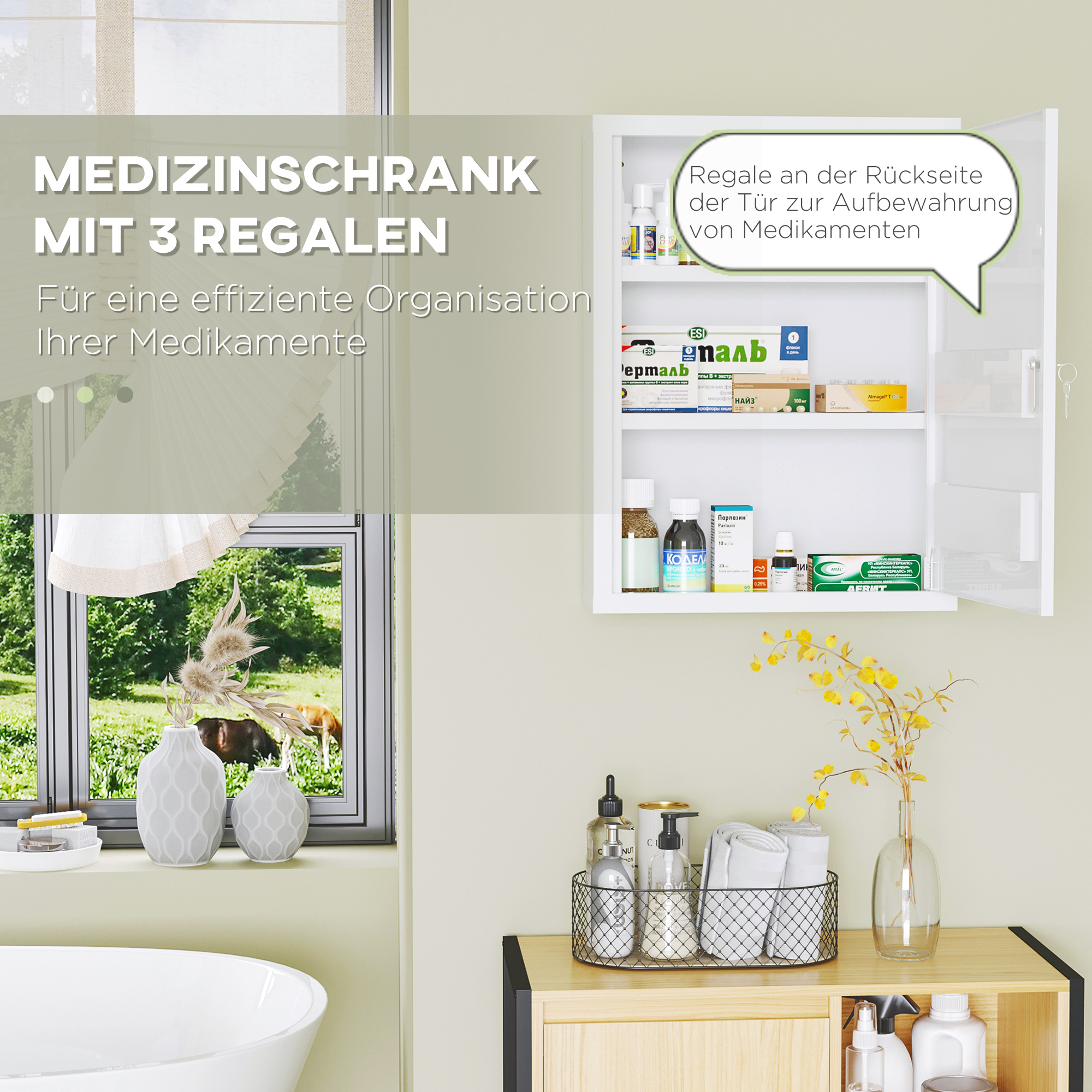 Medizinschrank, 3 Fächer, abschließbar, mit Rezeptfach, stabiles Stahlgehäuse, weiß, 40 x 15 x 53,5 cm