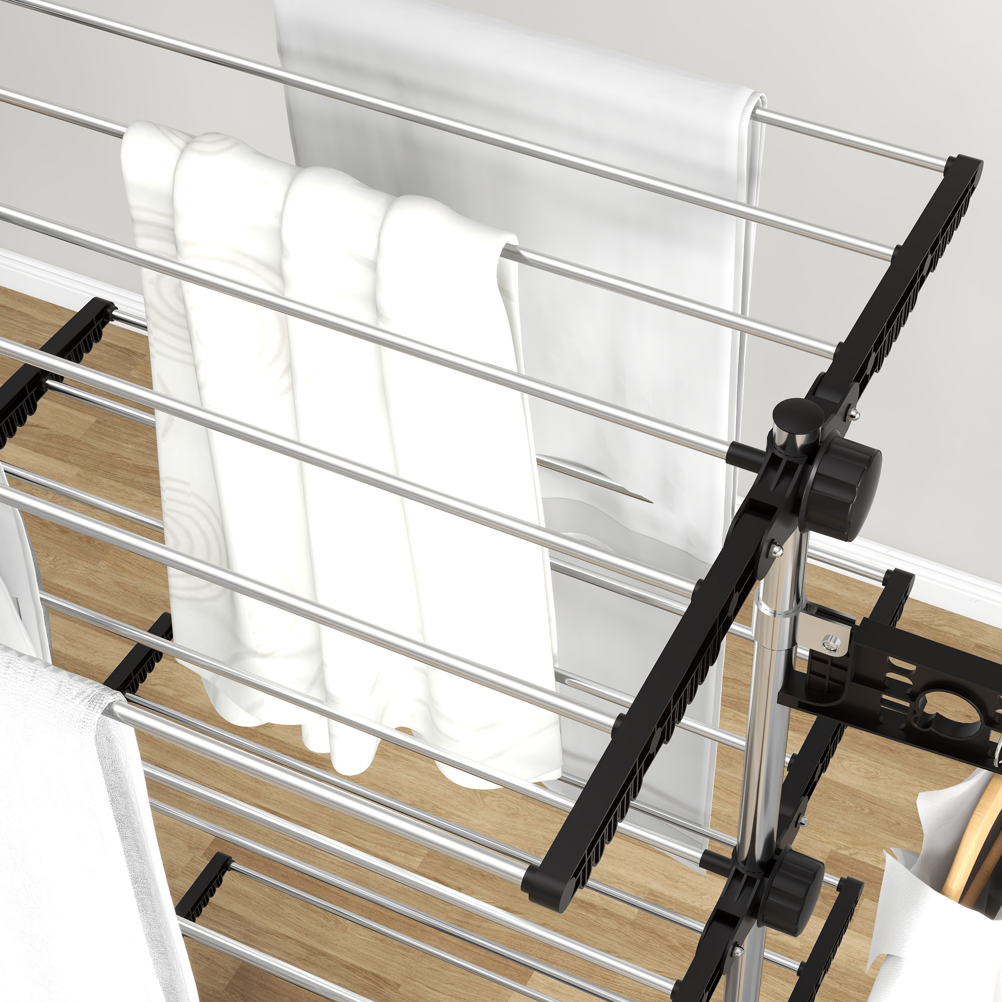 Wäschenständer Wäschetrockner 5 Ebenen, klappbar, One-Klick-System, 142 cm x 55 cm x1 72 cm, Schwarz + Silber