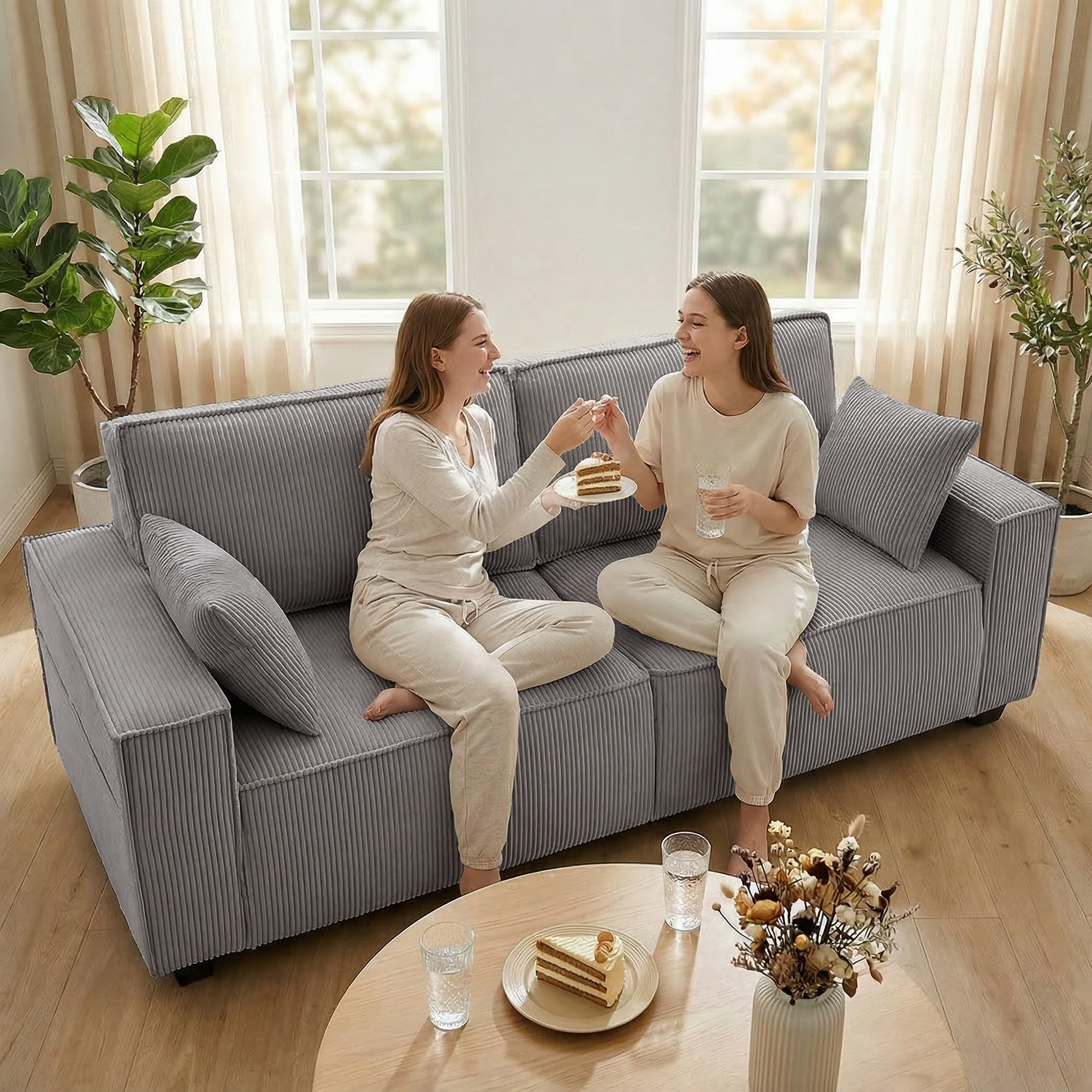 218 cm 3-Sitzer Sofa, modernes Cord-Sofa mit Taschenfeder-Polsterung, breiten Armlehnen und 2 Kissen, hellgrau