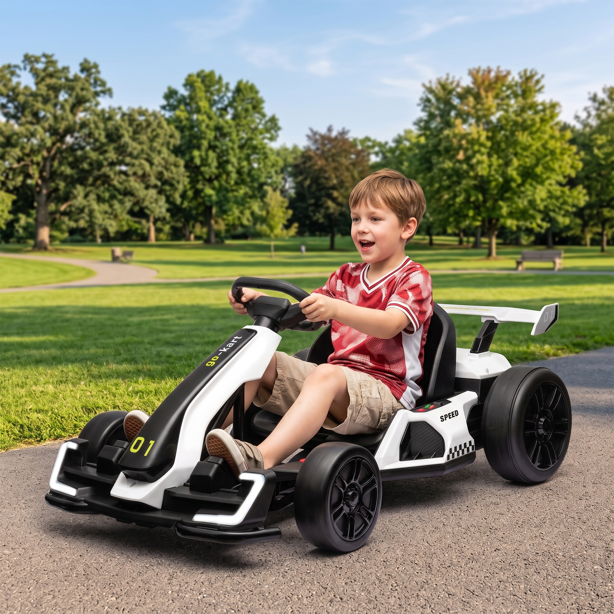 24V Elektro Go-Kart, für Kinder, bis 12 Km/h Gokart mit Drift-Funktion, 2 Motoren, verstellbarer Sitz, Sanftanlauf. schwarz-weiß