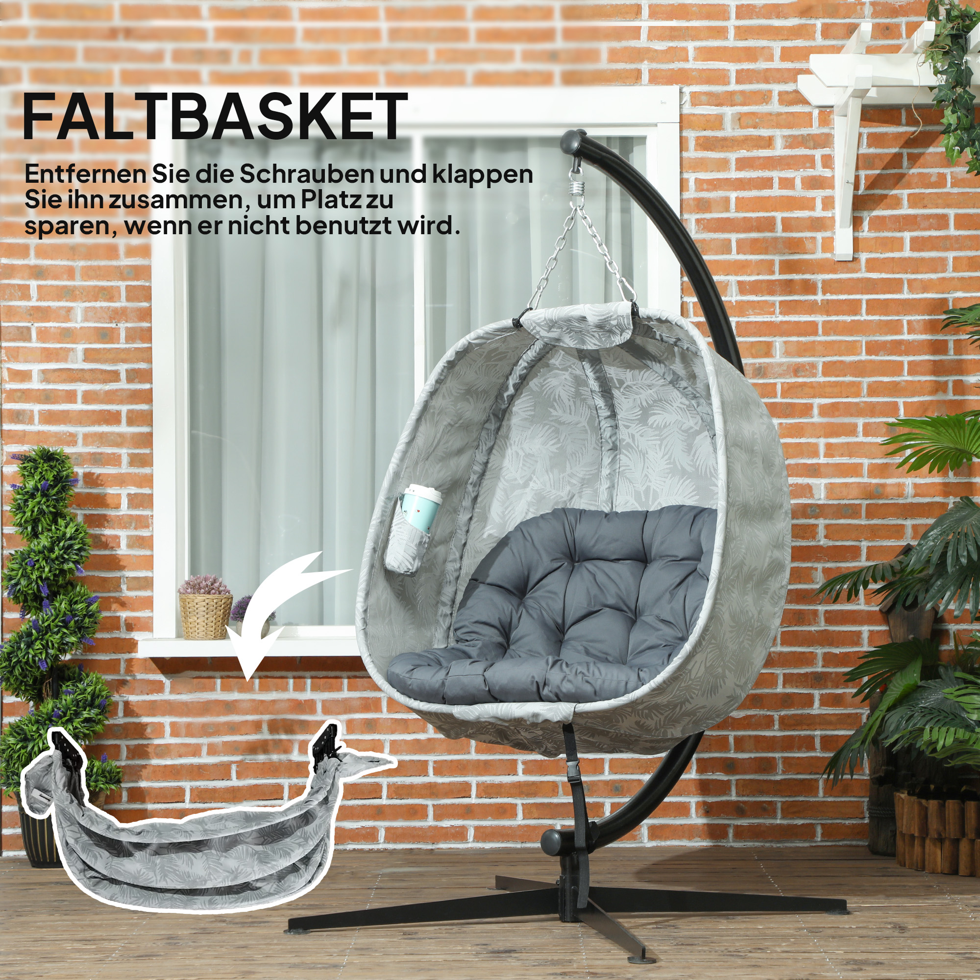 Eiförmiger Hängesessel für den Außenbereich, Hängeschaukel mit Gestell, Sitzpolstern Indoor Outdoor