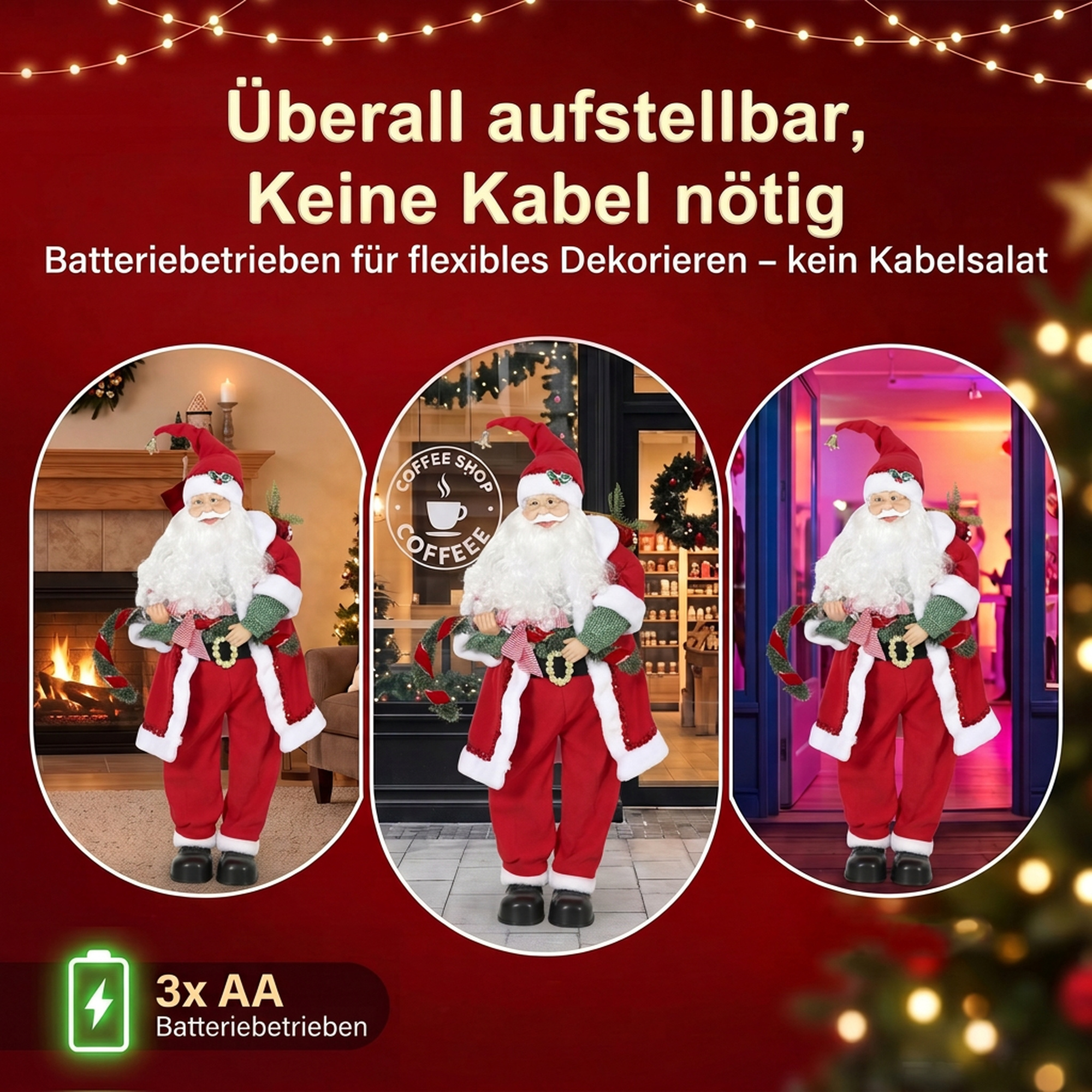 Singender & tanzender Weihnachtsmann, 120 cm, stehende animierte Weihnachtsfigur mit Girlande & Sack, per Sound/Berührung aktiviert