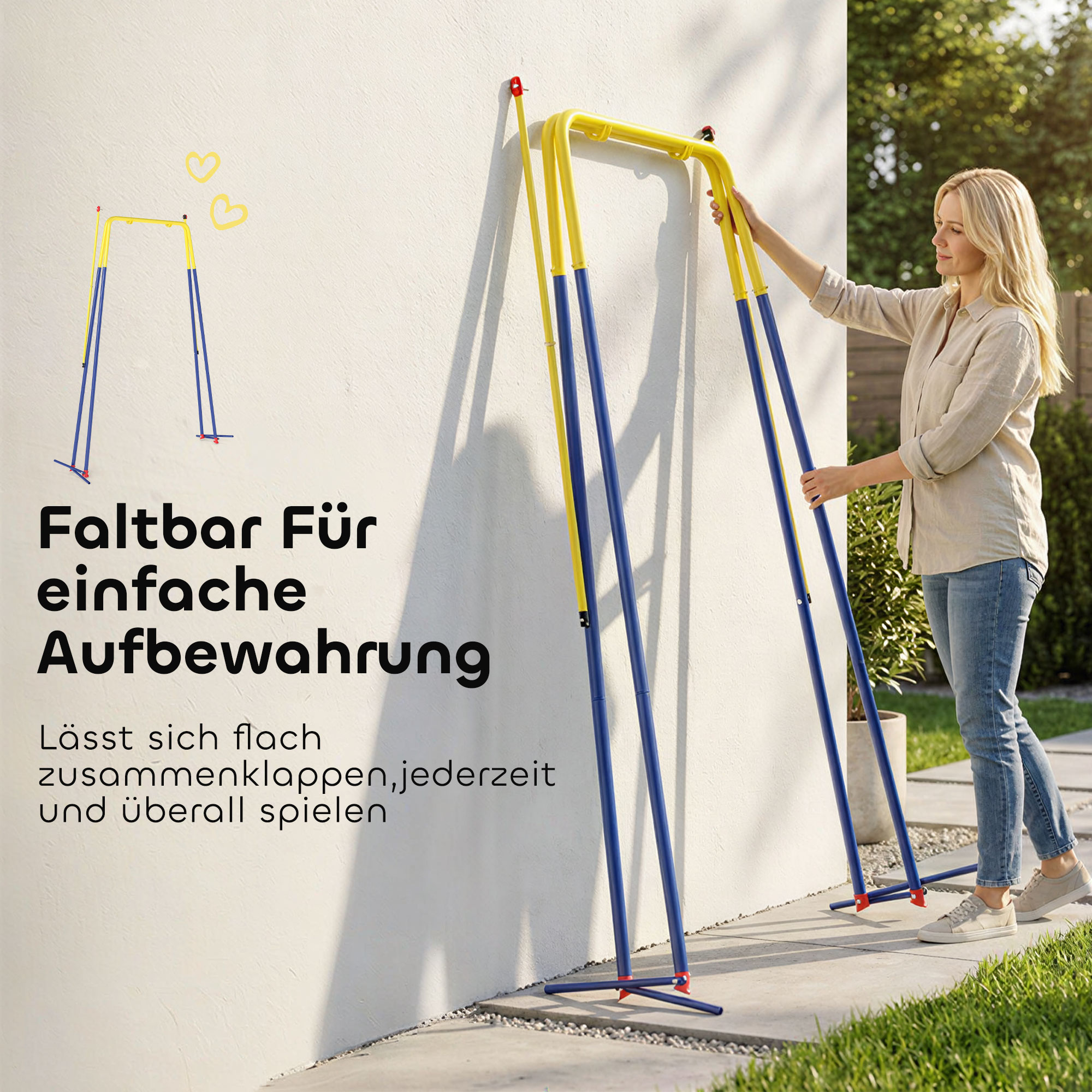 Faltbar Schaukelgestell mit A-Rahmen, 2 Haken, 4 Bodenankern, für 9 Monate bis 8 Jahre Kinder 128x155x157 cm Blau