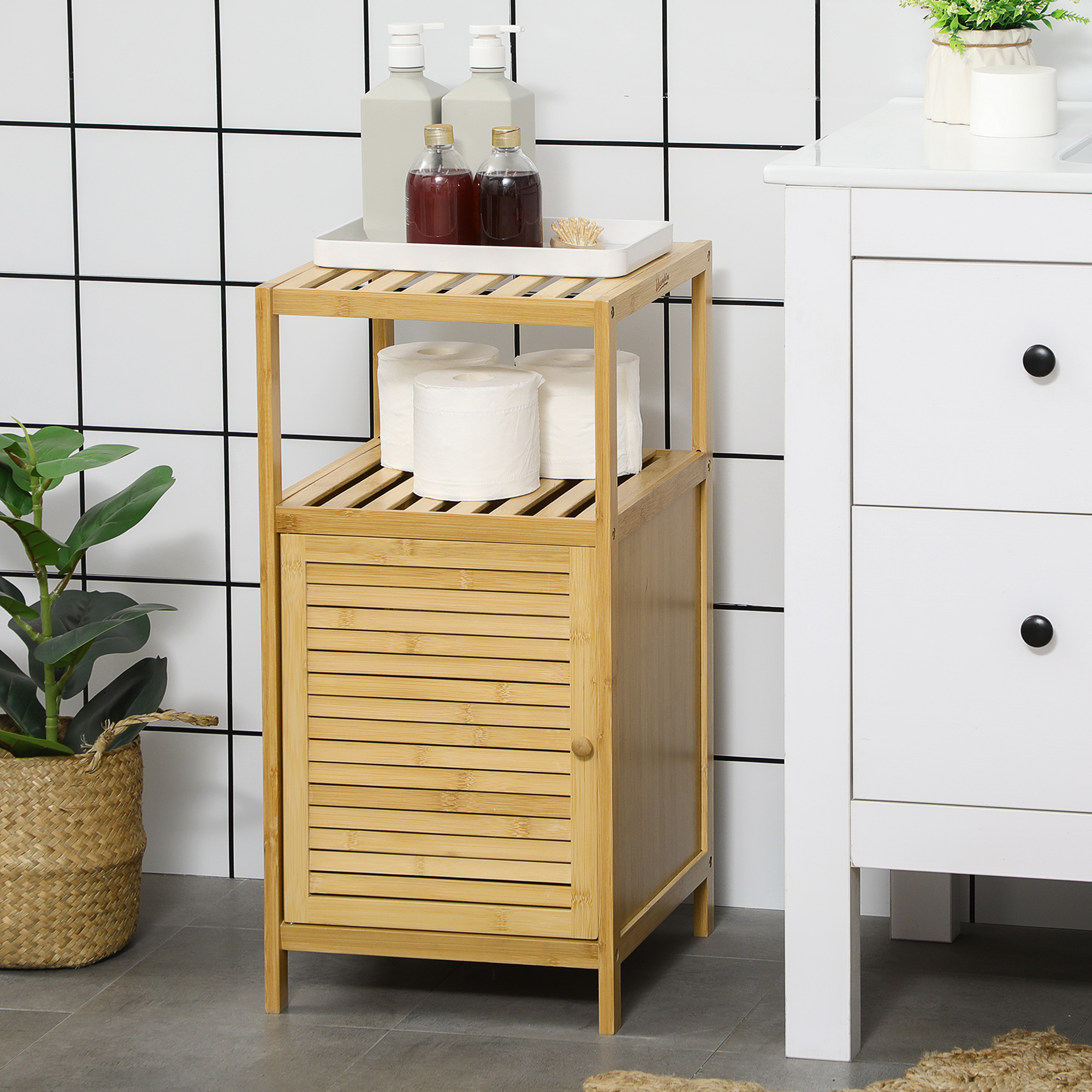 Badezimmerschrank Badregal, Bambus, 1Ablage, 1 Schrank, 33 cm x36,5 cm x67 cm, Natur
