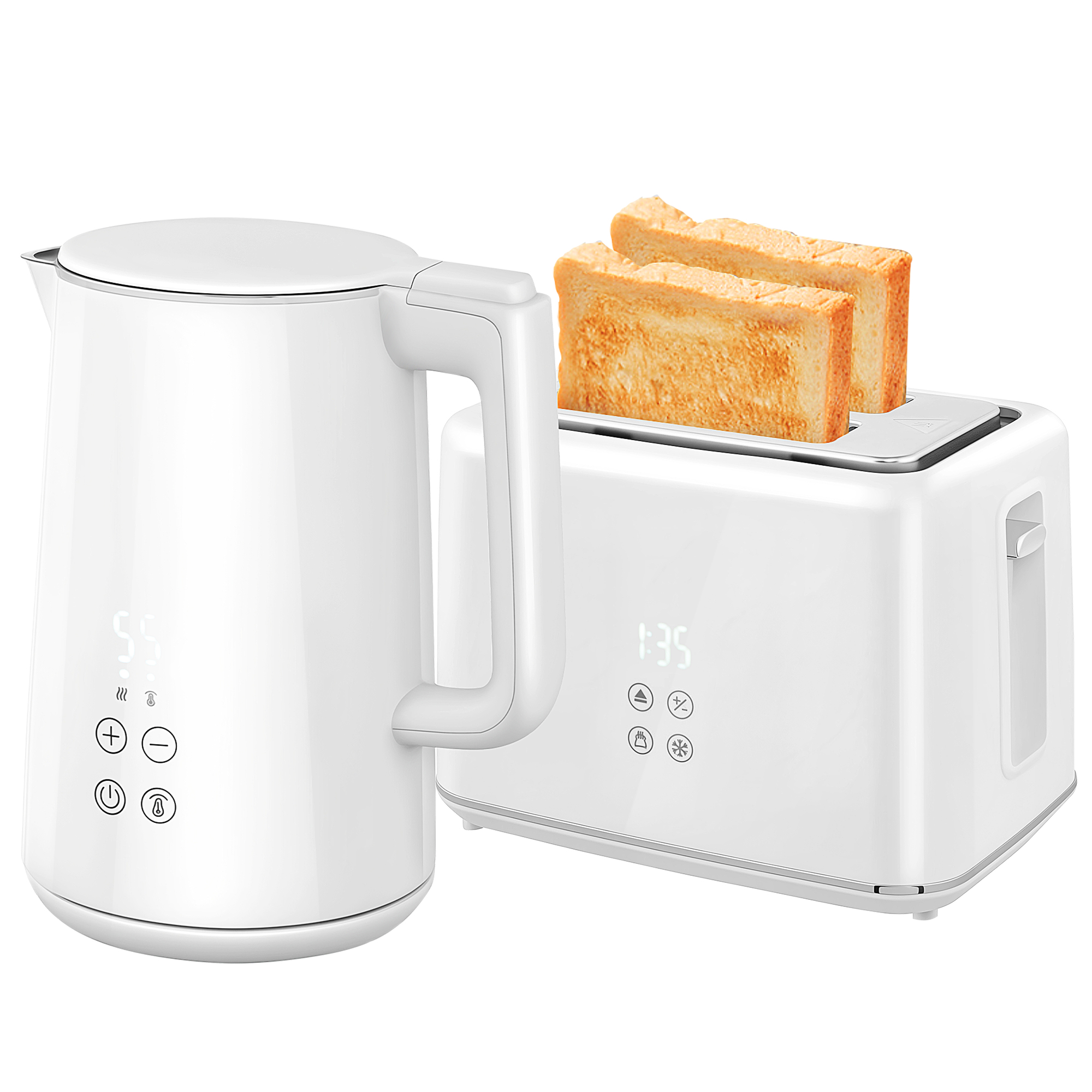 Küchenset mit Wasserkocher und Toaster, 7 Bräunungsstufen, schnelles Kochen, Edelstahl, Kunststoff, Weiß