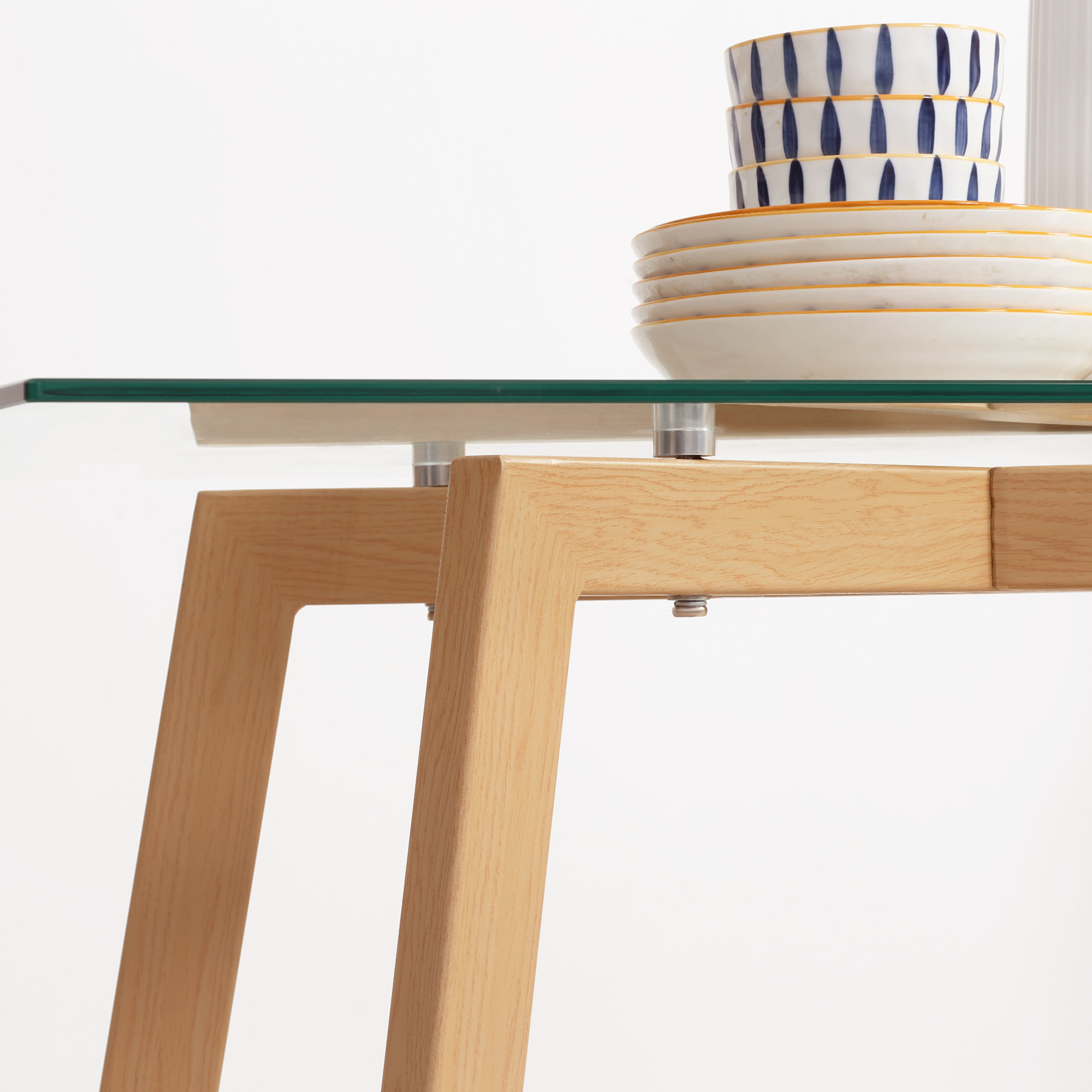 Esstisch für 4 Personen, Glasplatte, Stahlgestell, Holzoptik, 120L x 60B x 76H cm