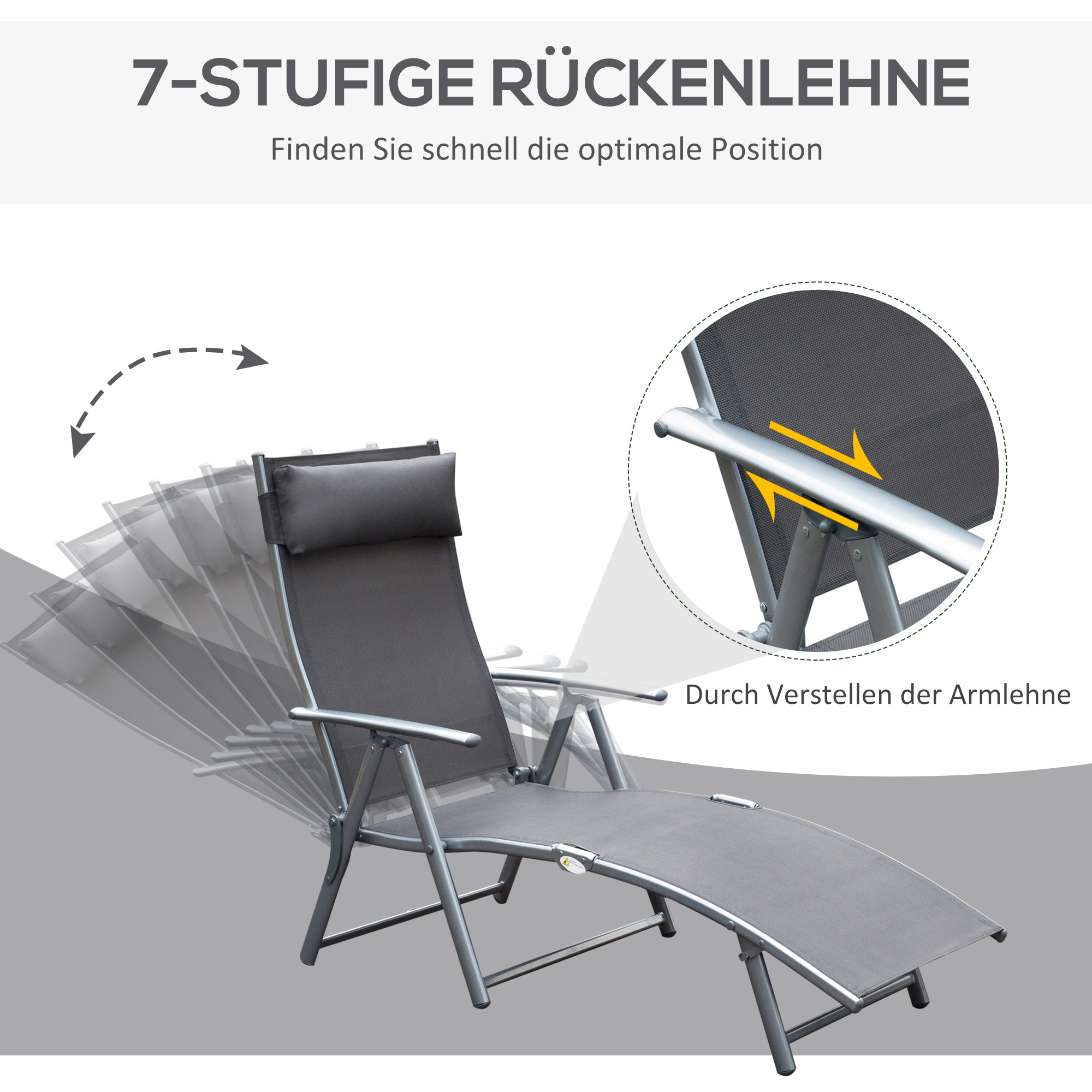 Sonnenliege klappbar Strandliege mit Kissen Liegestuhl mit 7-Fach verstellbare Rückenlehne Gartenliege Relaxliege Gartenstuhl bis 165 kg belastbar, für Garten Urlaub Outdoor Strand Pool, Grau