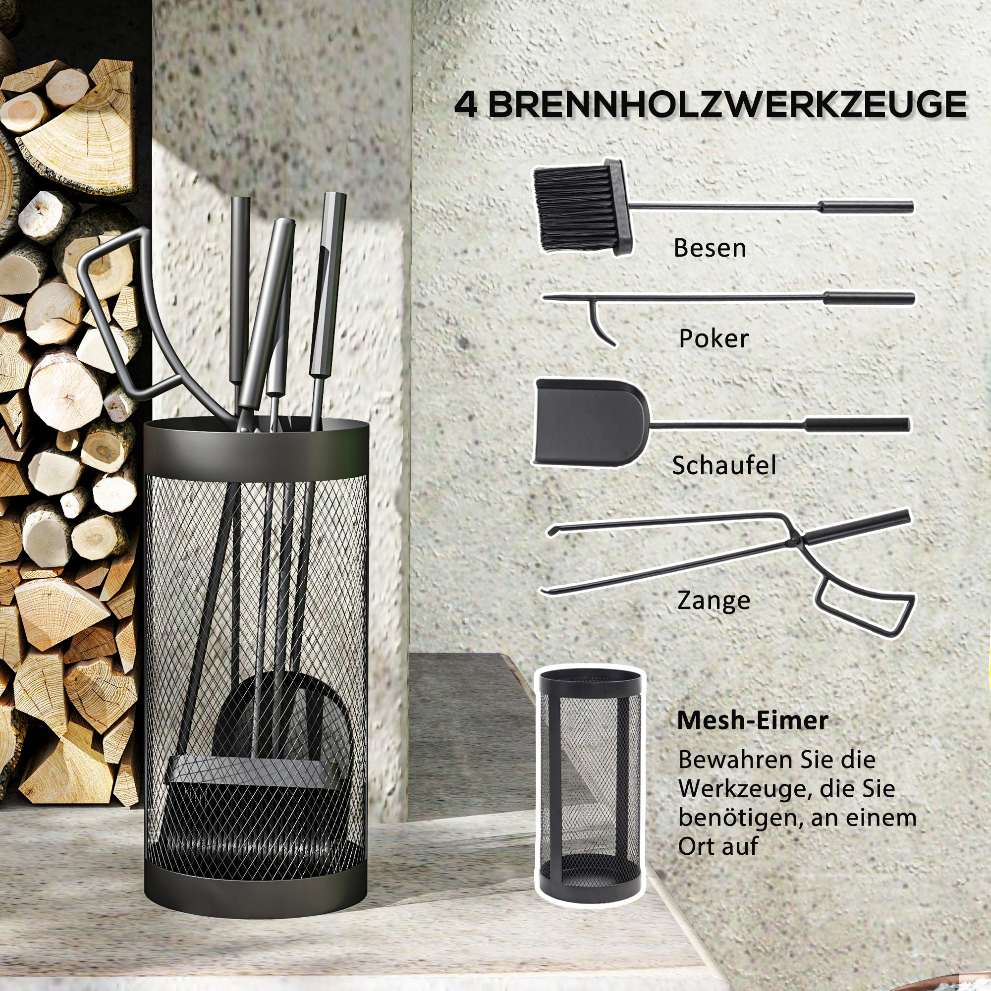 Kaminbesteck, 5-teilig, Besen, Schaufel, Zange, Schürhaken und Korb, feuerfestes Metall, Schwarz