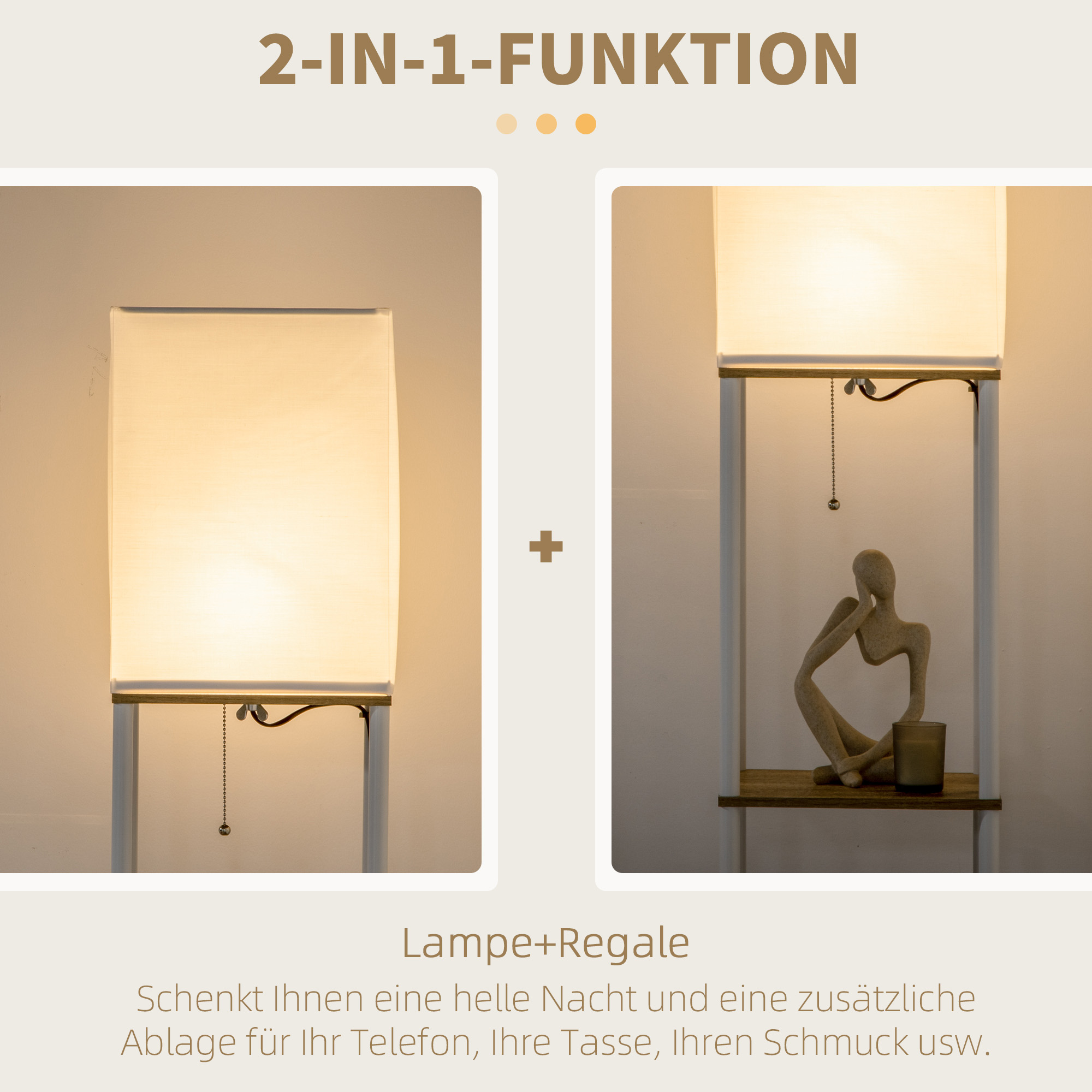 Standleuchte, Deckenfluter, mit Regalen, Metallrahmen, Stoffschirm, 26x26x159cm, Weiß/Braun
