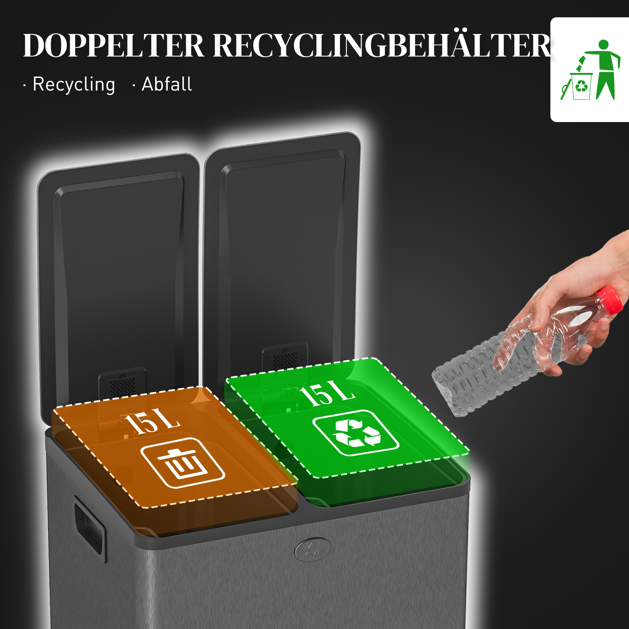 2 x 15l Doppelmülleimer, Pedalöffnung, leicht zu reinigen, Edelstahl, Kunststoff, Schwarz