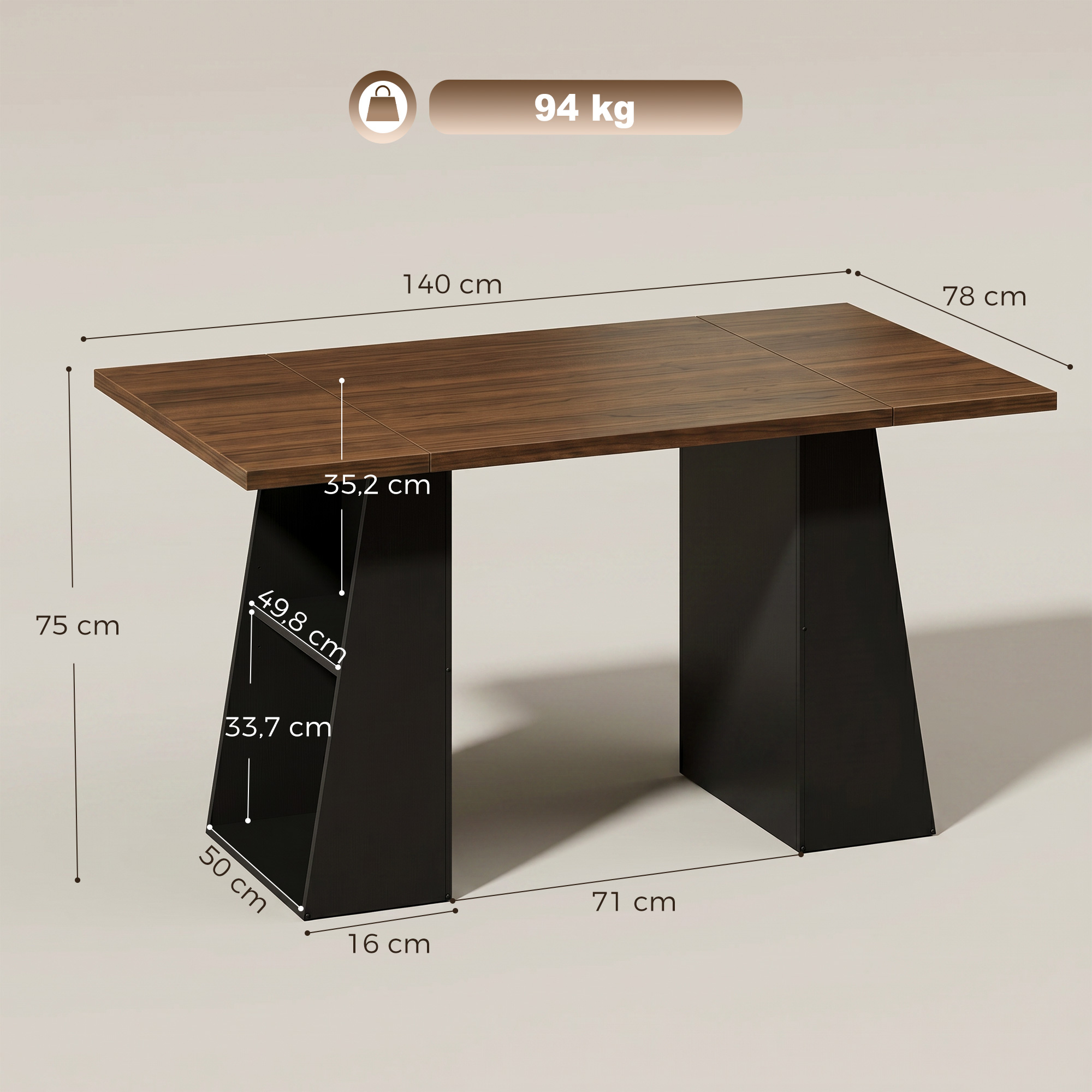 Schreibtisch mit 4 offenen Ablagen, Industrial Design, 140 cm, Braun-Schwarz