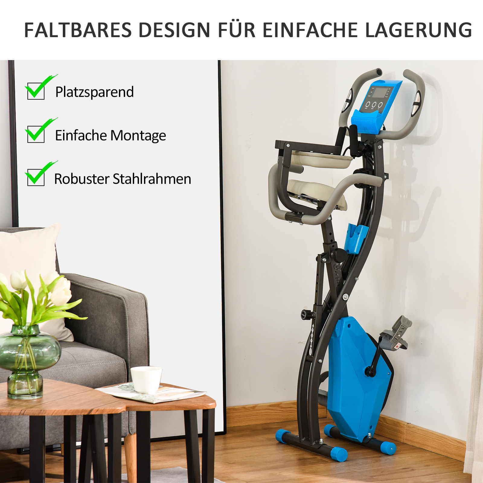 Heimtrainer 2-in-1 Fahrradtrainer mit LCD-Display Pulsmesser verstellbar Sitz Räder, klappbarer Hometrainer Trimmrad mit 8 stufig Magnetwiderstand, Spannseil, Stahl