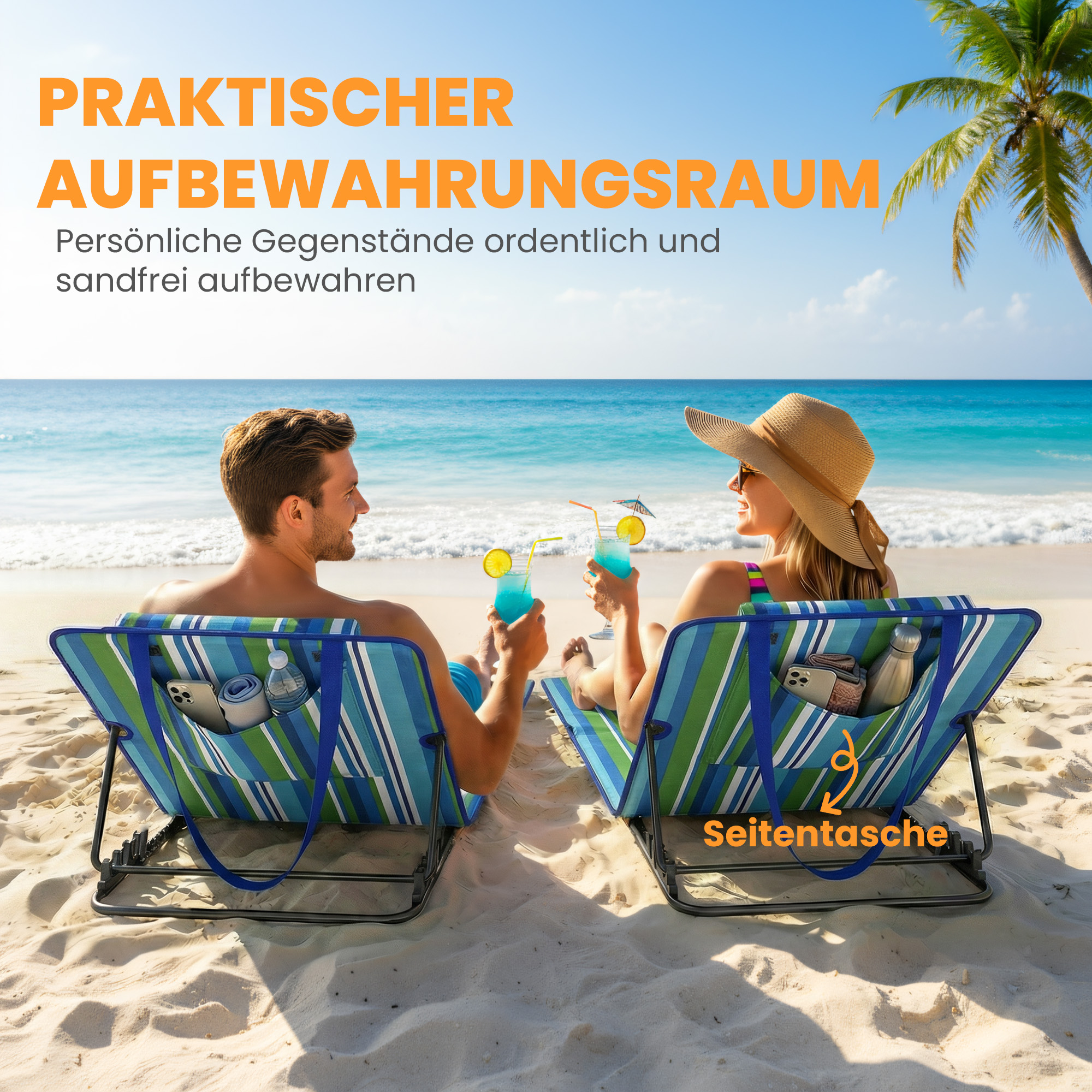 2er Set Strandmatte mit Verstellbarer Rückenlehne klappbar leicht Strandliege mit Kopfkissen Aufbewahrungstasche