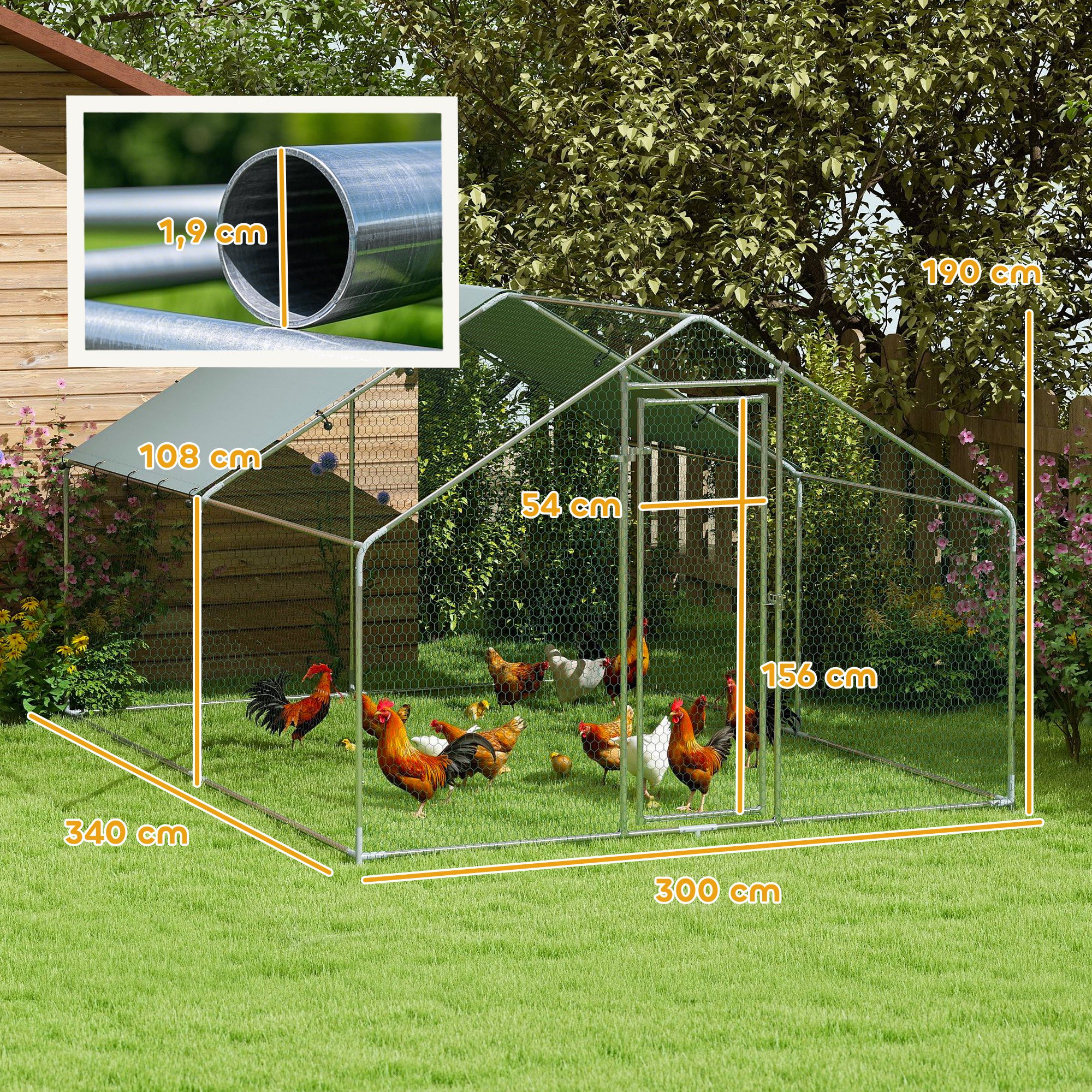 Hühnergehege, großes Hühnergehege aus Metall mit wasserdichter und UV-beständiger Abdeckung, Käfig für 10-15 Hühner, 3 x 3,4 x 1,9 m