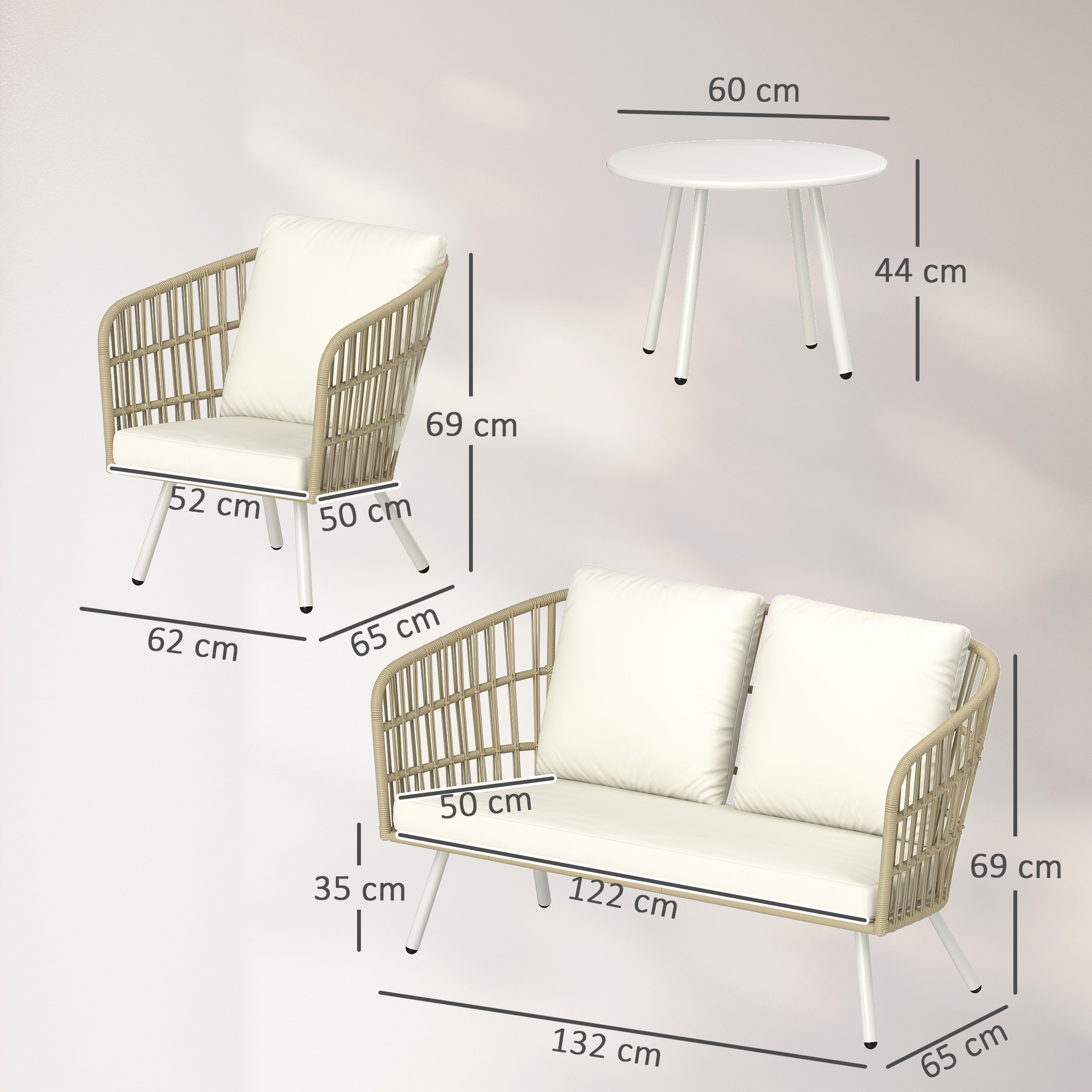 Gartenmöbel Set aus Polyrattan Lounge-Set mit 2er Sofa Sessel Tisch Kissen wetterfest für 4 Personen Khaki