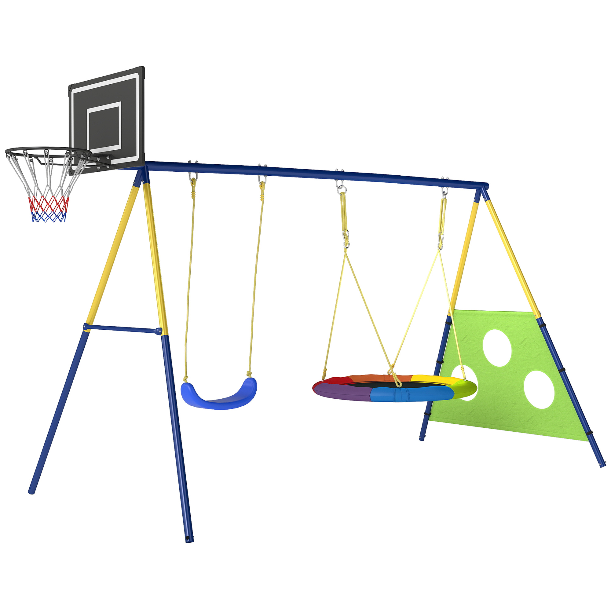 Schaukelgestell 4-in-1 Schaukel-Set bis 150 kg mit Nestschaukel Basketballkorb Fußballtor U-Schaukel 288 x 160 x 220 cm