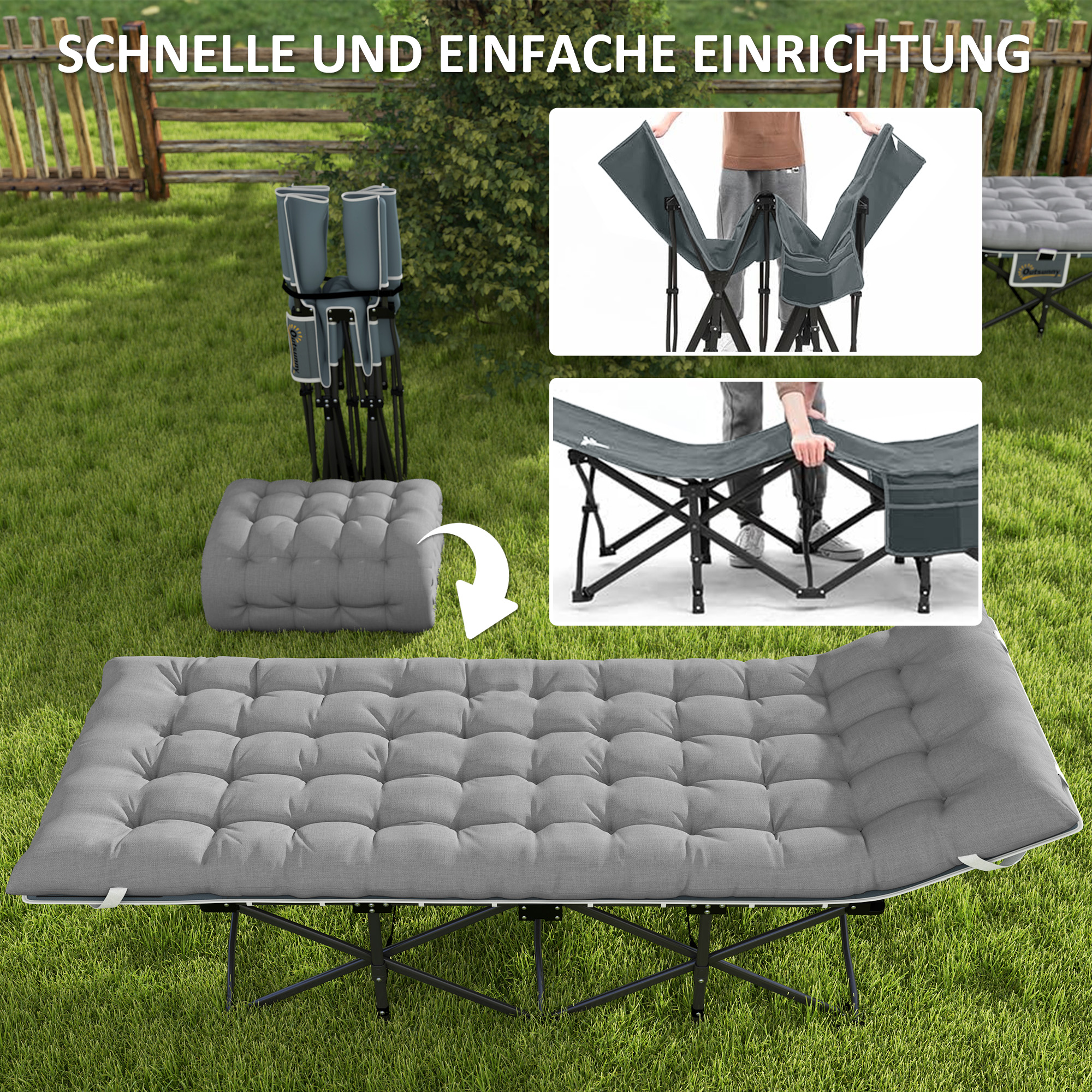 Feldbett faltbar Campingbett mit Matratze Kopfkissen Seitentasche 185 x 68 x 37 cm bis 150 kg Hellgrau