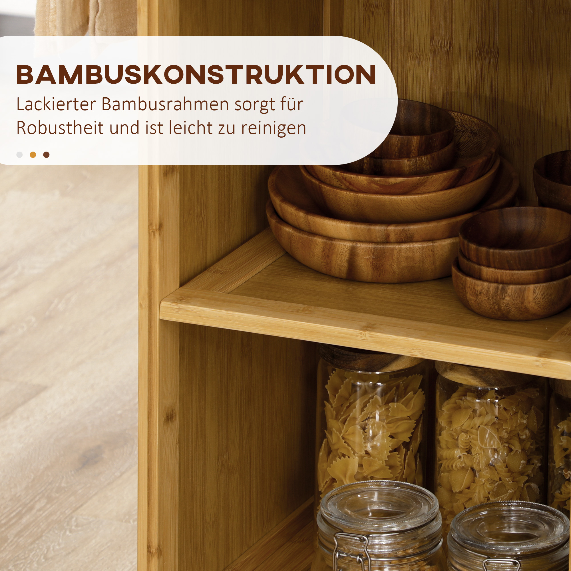 Küchenwagen aus Bambus, Mehrzweckwagen, Sevierwagen, 2 Schubladen, 1 Schrank,  2 Regale, Natur