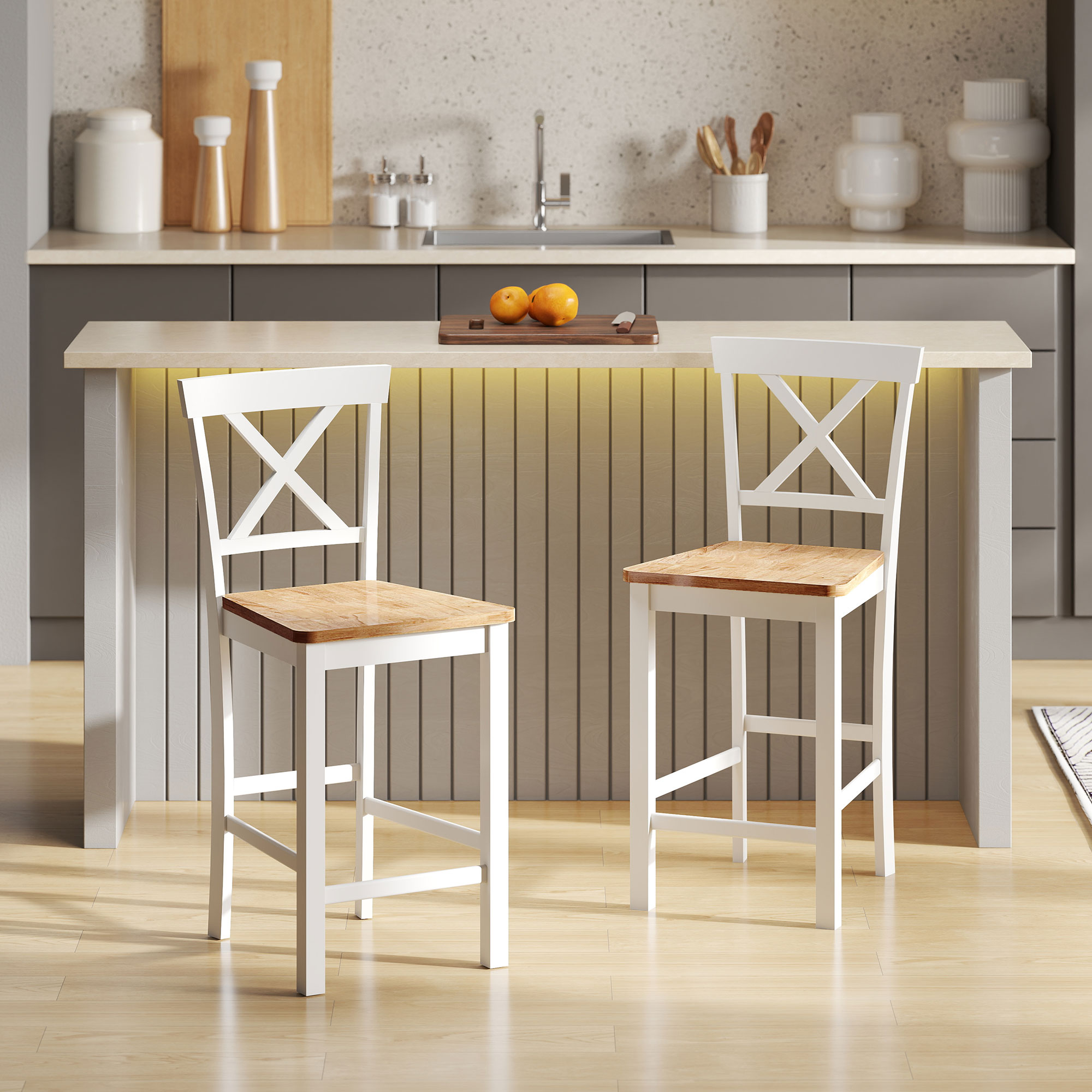 2er-Set Barstühle mit Rückenlehne und Fußstütze, Kautschukholz, für Küche, Esszimmer, Bar, Eiche+Weiß