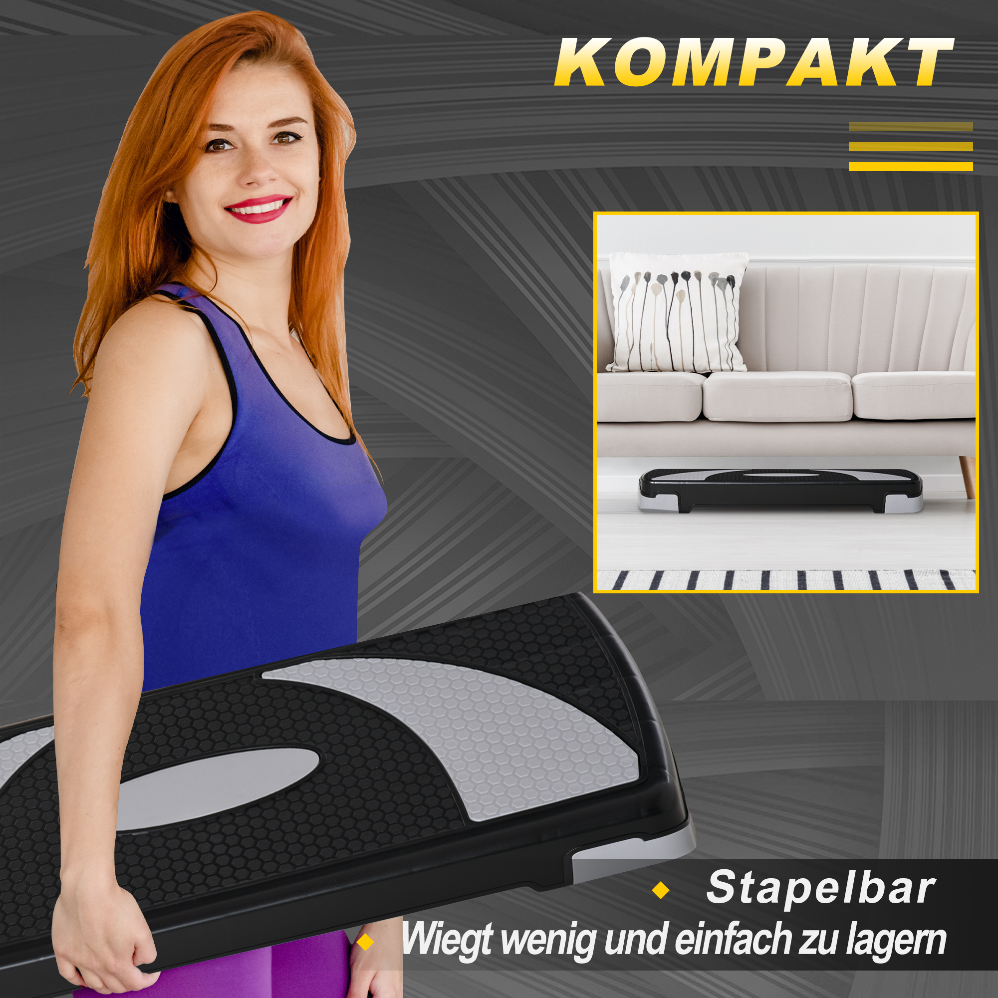Aerobic-Stepper 3-stufig höhenverstellbar 80 x 31 x 20 cm Schwarz+Grau