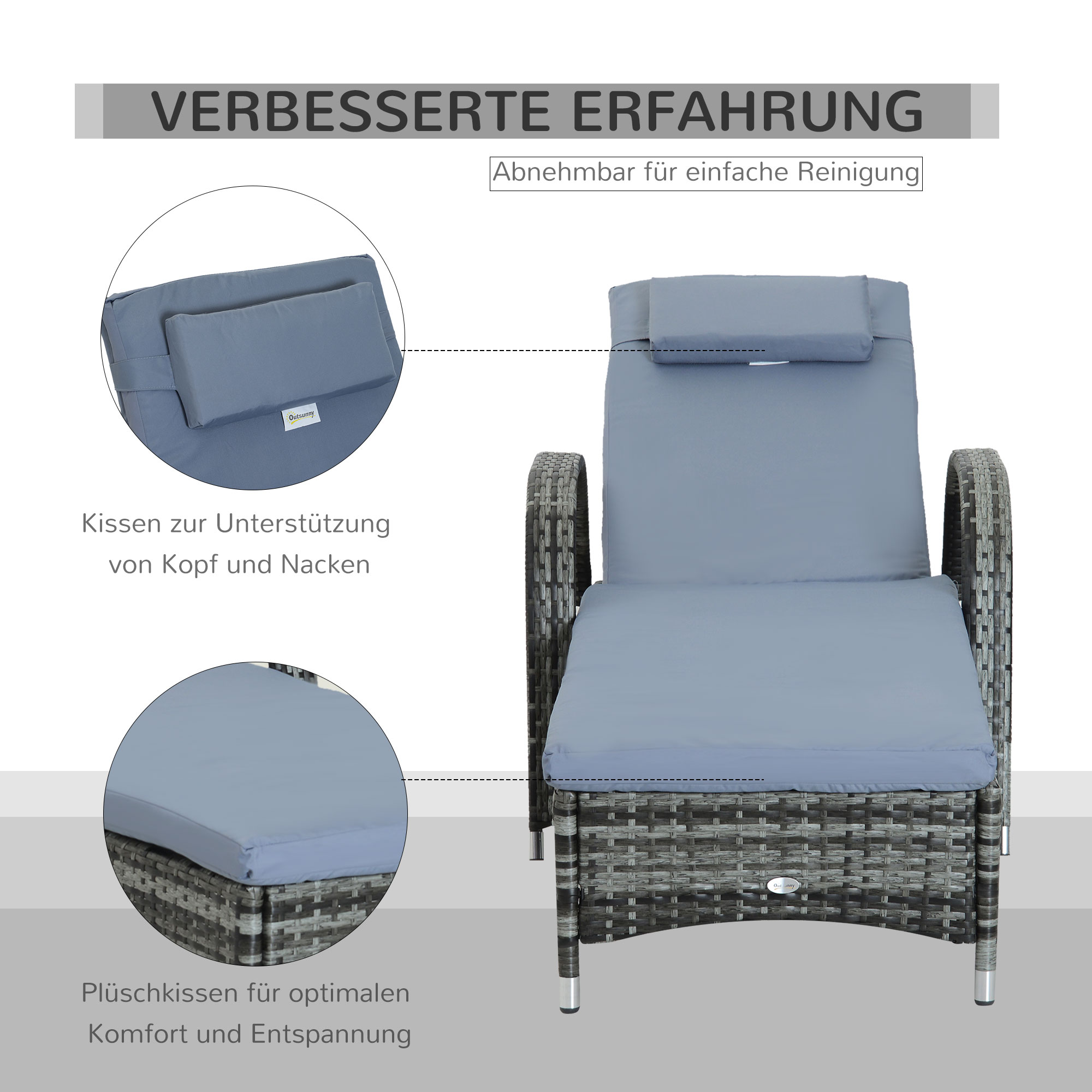 Sonnenliege Polyrattan Gartenliege mit 5-Fach verstellbarer Rücklehne, Polsterauflage, Rollen, Kissen, 160 kg belastbar Relaxliege Liegestuhl für Garten, 200x73x30-103cm, Grau