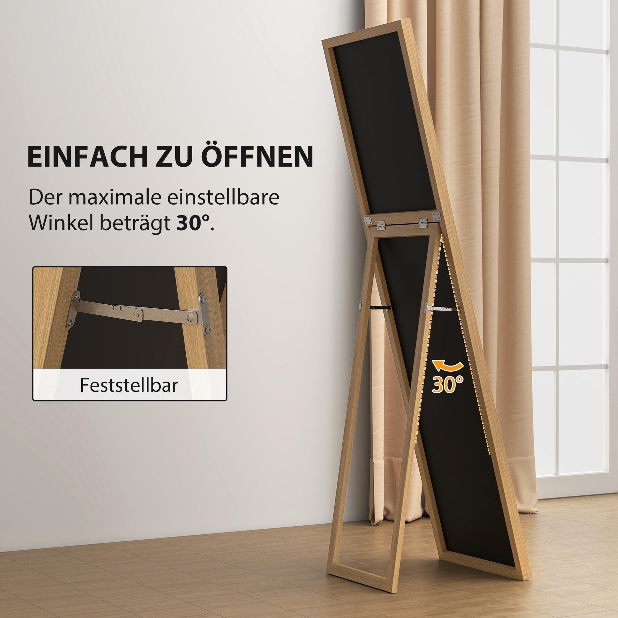 Ganzkörperspiegel mit Ständer, freistehend, 40 cm x 150 cm, Natur