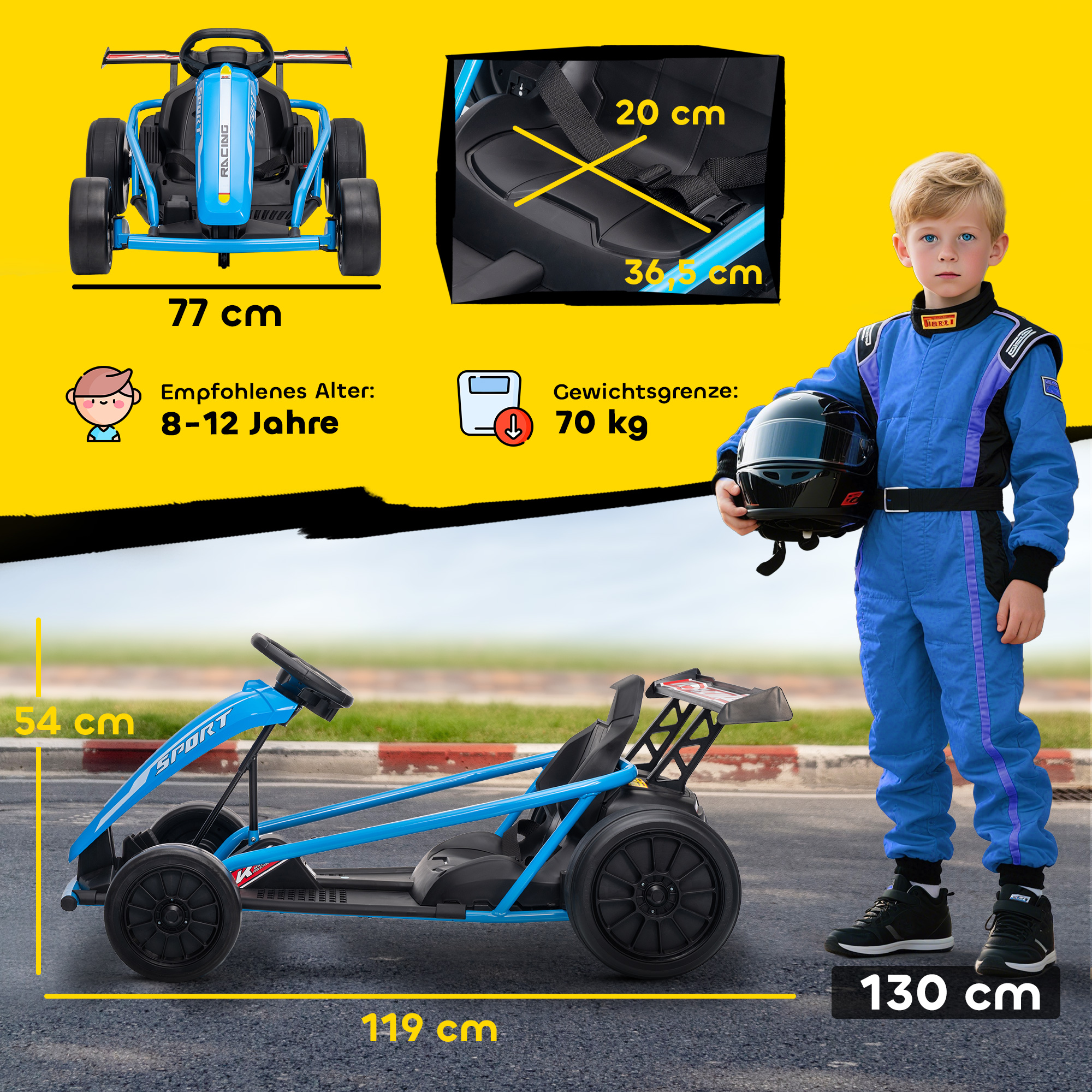 24V Elektro-Go-Kart zum Fahren und Driften, Nylon-Reifen, Sicherheitsgurt, Hupe, Musik für 8-12 Jahre Blau