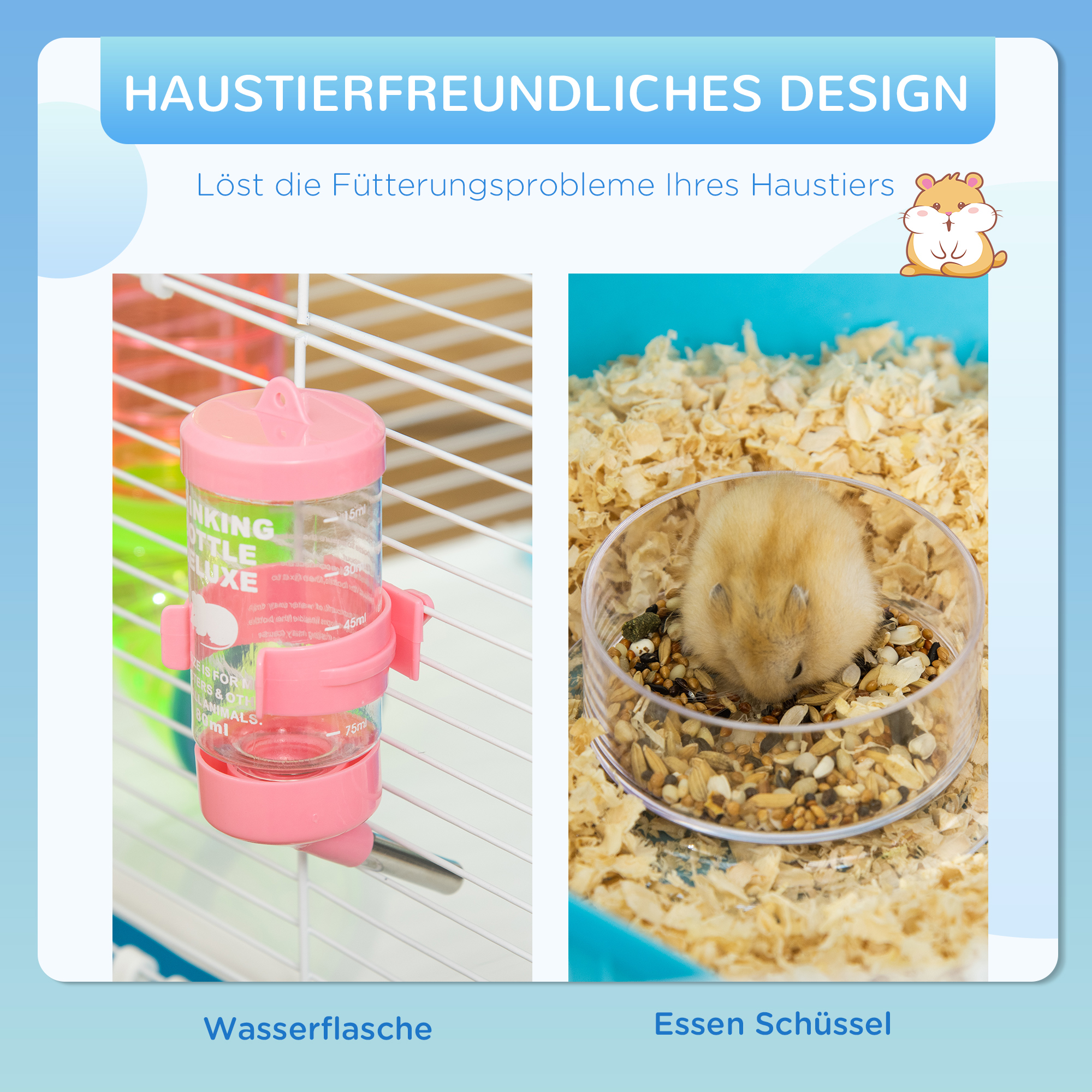 Hamsterkäfig 5 Etagen Nagerkäfig Kleintierkäfig aus Stahldraht mit Laufrad, Rampe, Trinkflasche, Futternapf, Mäusekäfig für Hamster, Rennmaus 59 x 36 x 69 cm, Hellblau+Weiß
