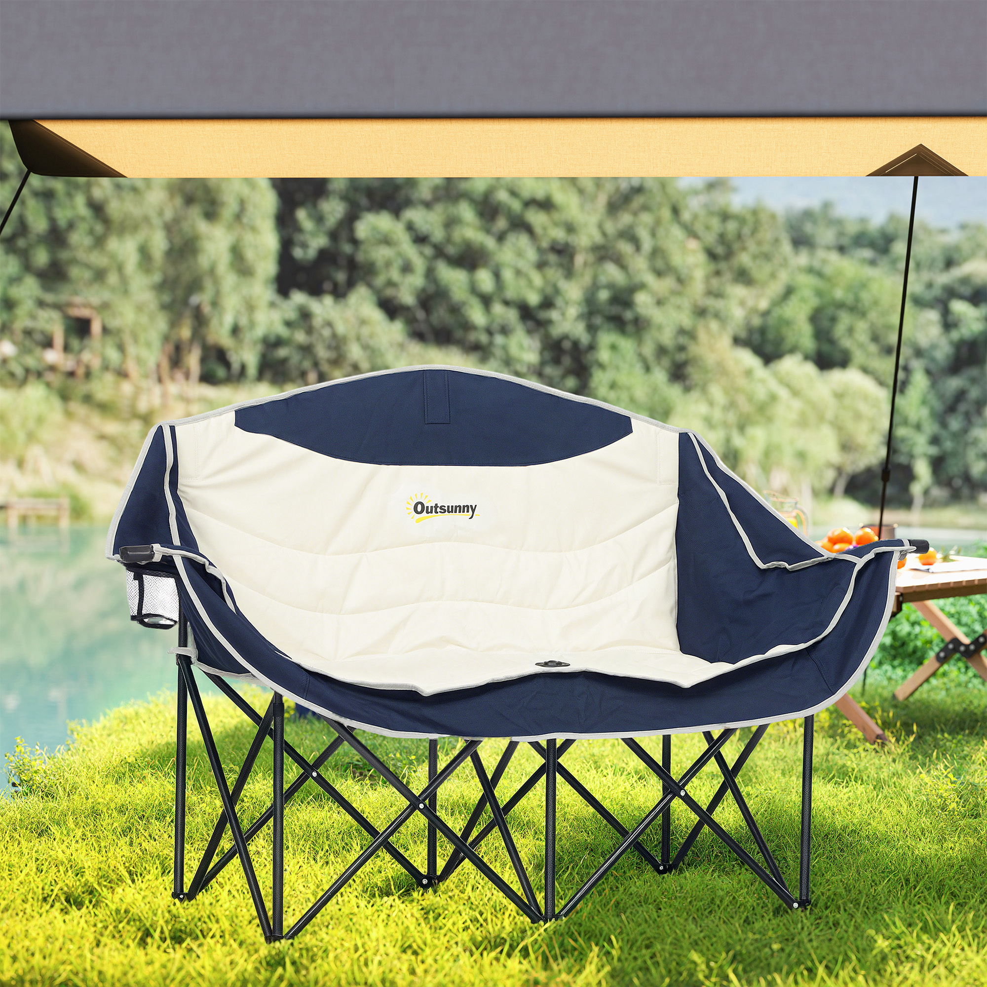 Faltstuhl faltbar 2 Sitzer Campingstuhl mit Getränkehalter Tragetasche bis 250kg belastbar Blau