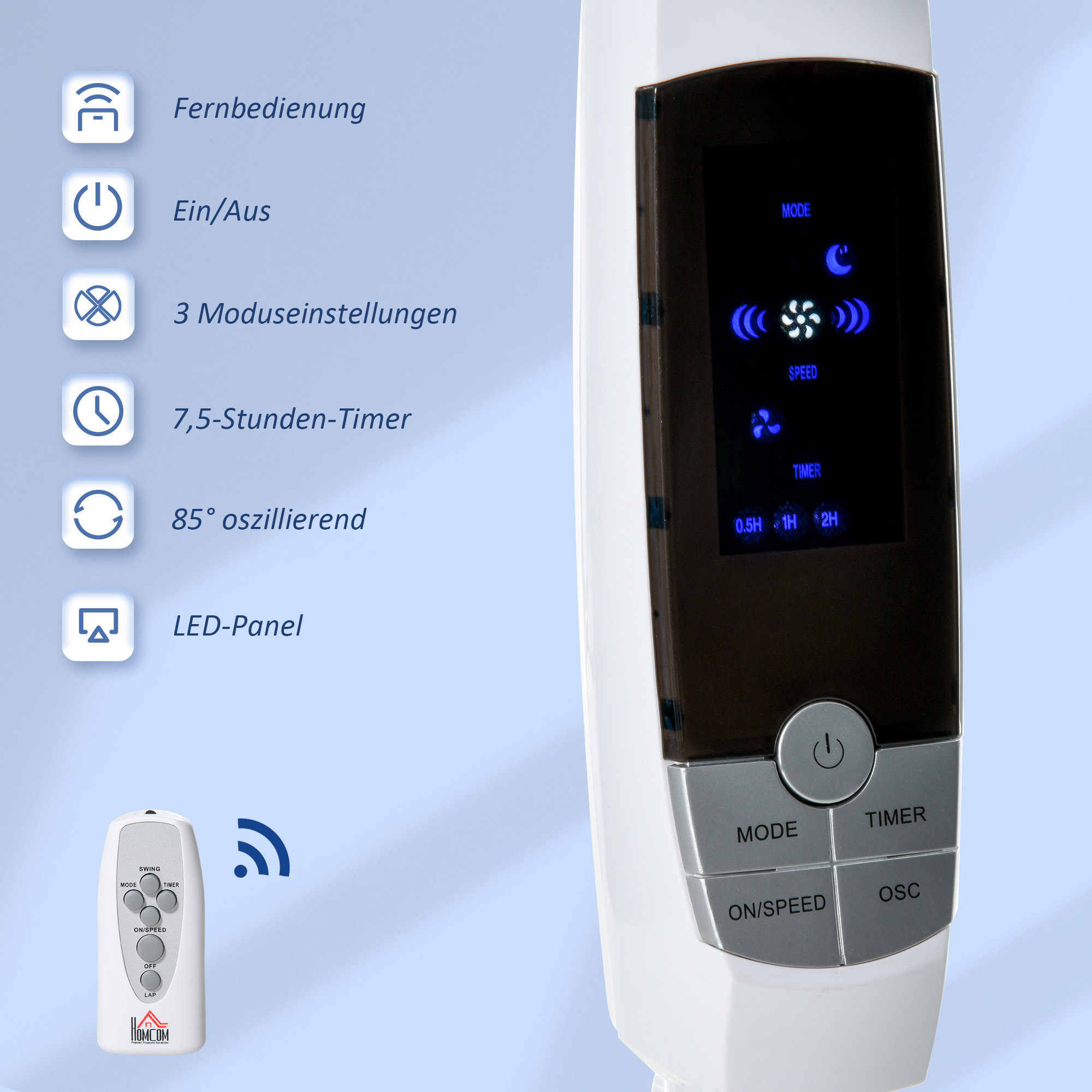 Standventilator, 3 Geschwindigkeiten, 3 Modi, Timer, Fernbedienung, 45 x 42 x 118-138 cm, Weiß