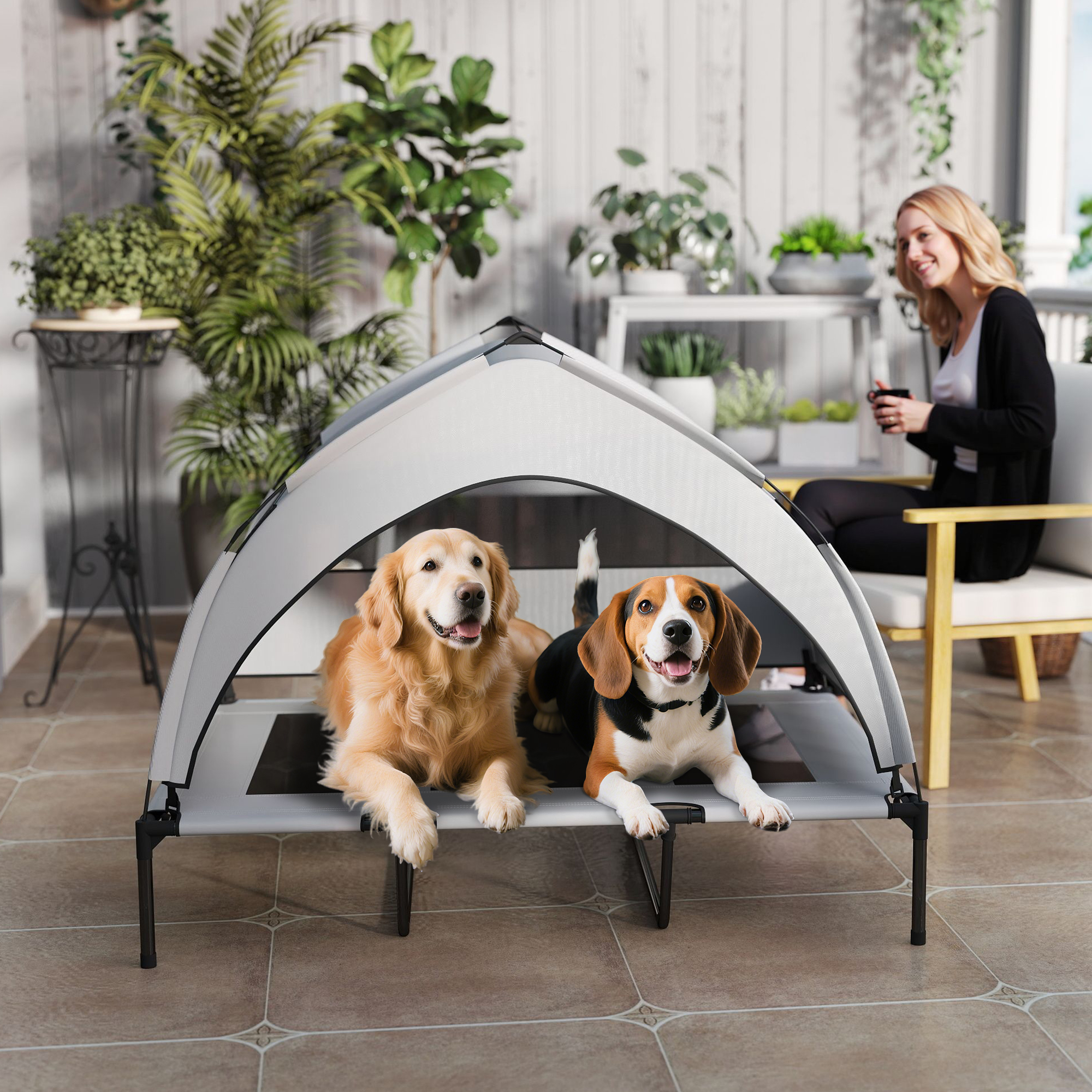 Hundeliege Outdoor mit Dach, Erhöhtes Hundebett für extra große Hunde, mit Stahlrahmen, 122x92x94cm, Hellgrau