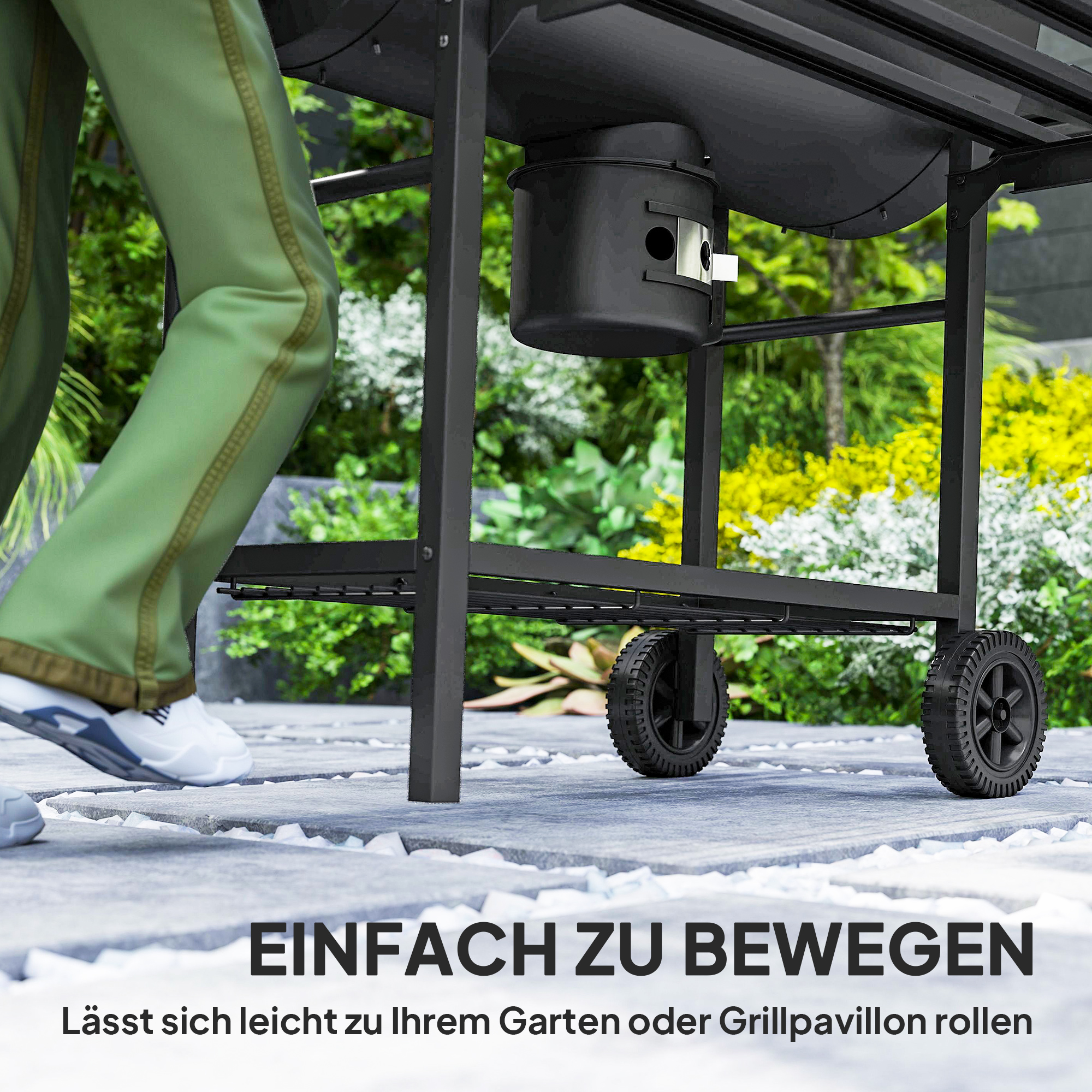 Holzkohlegrill aus Stahl BBQ Smoker mit Deckel Griffe Thermometer Räder fahrbar 114 x 65 x 95 cm