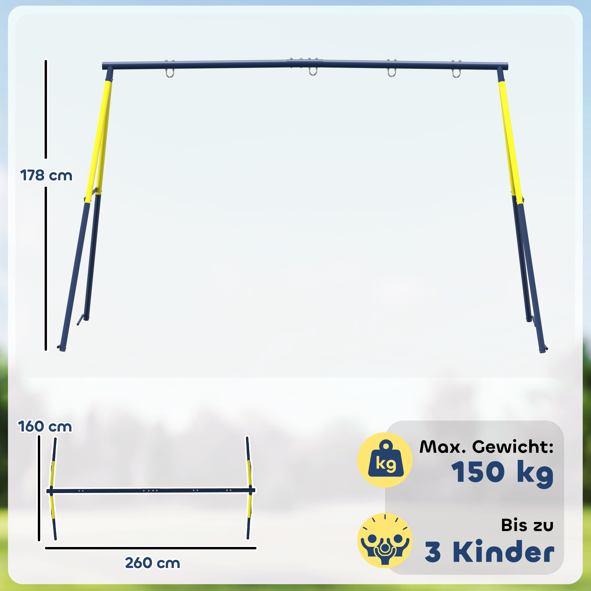Schaukelgestell Stahl Schaukelgerüst bis 150 kg für Nestschaukel Kinderschaukel Kletterleiter, 260 x 160 x 178 cm, Blau