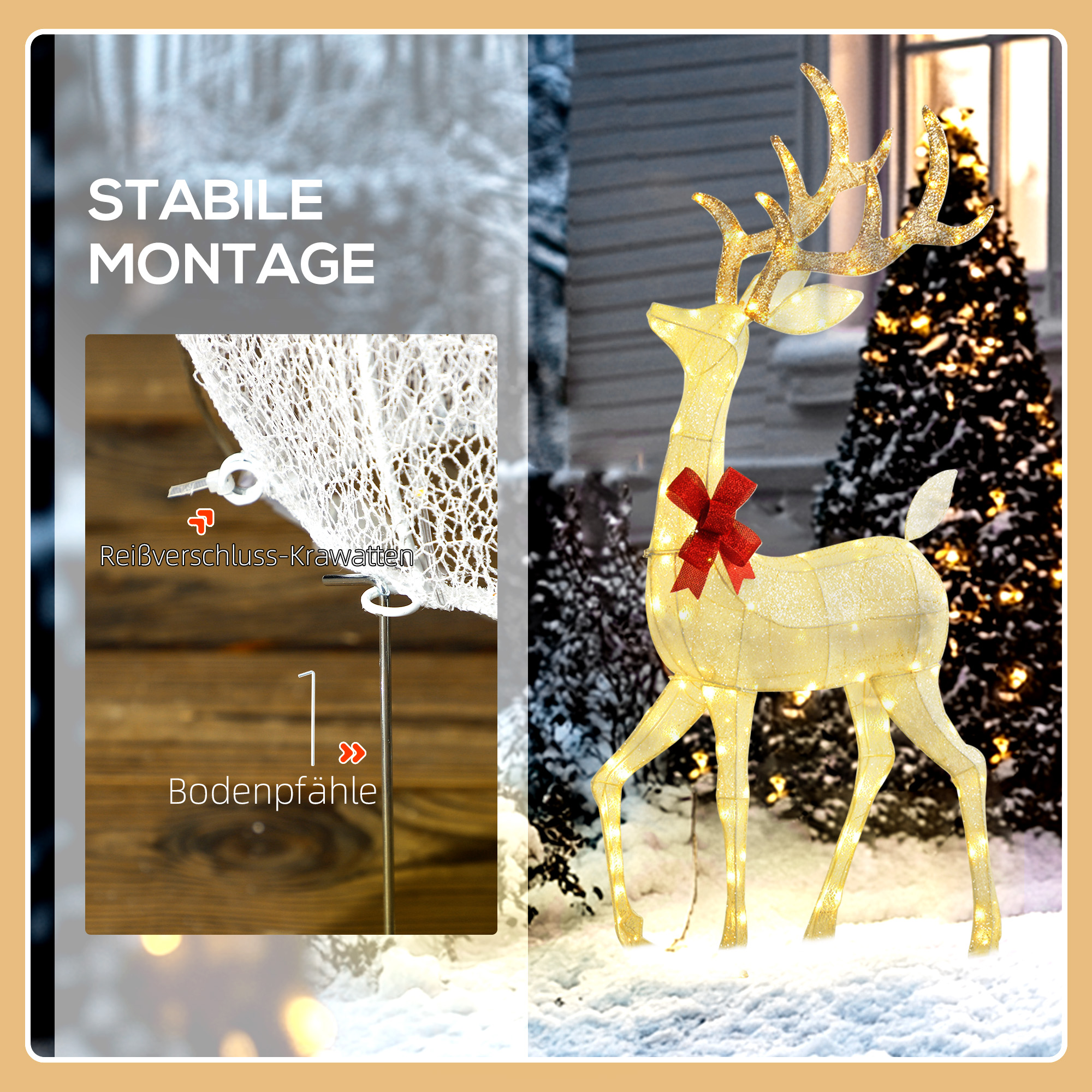 Rentierfamilie mit roten Schleifen, 283 LEDs, Weihnachtsbeleuchtung, wetterfest, Silber