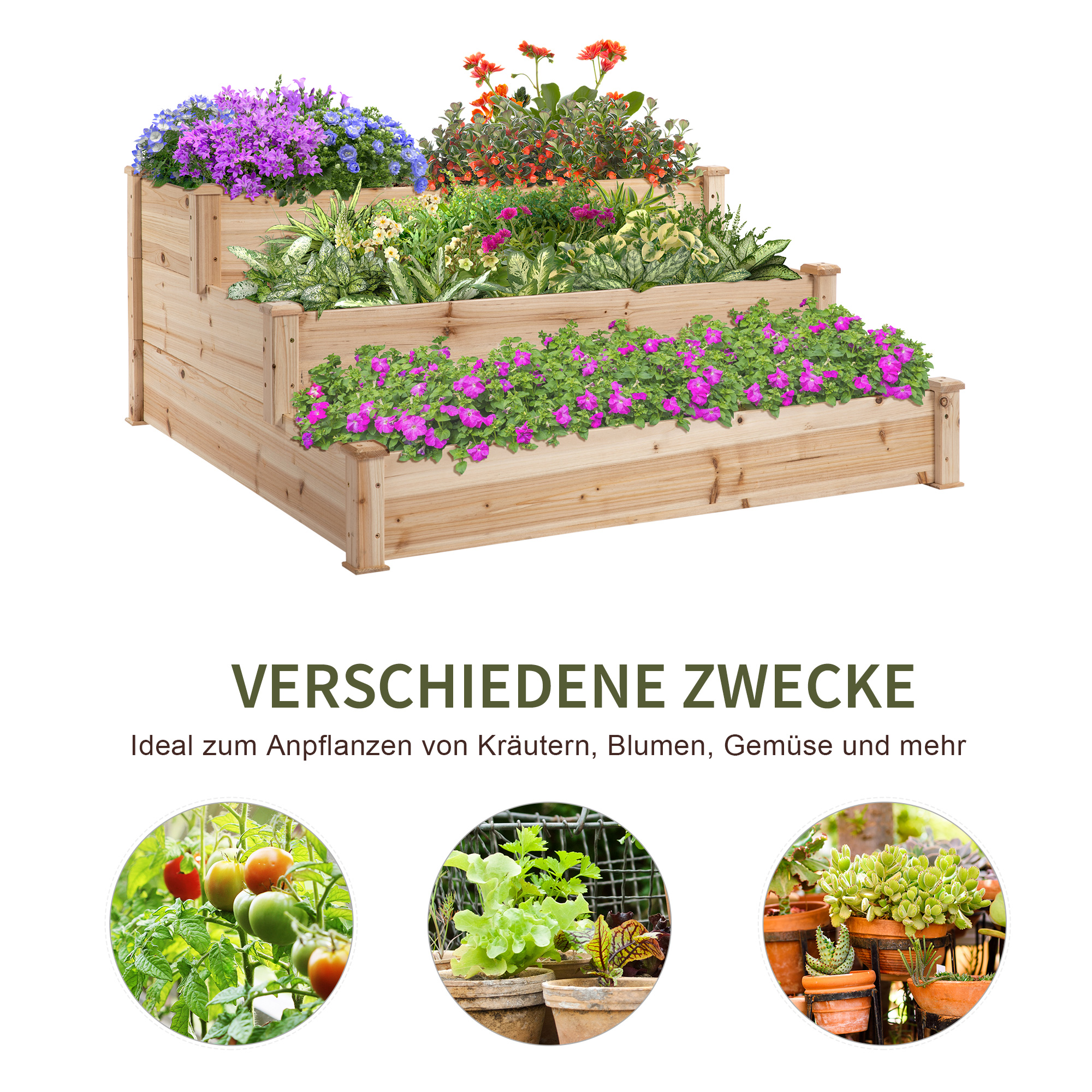 Hochbeet 3-stufige Gartenbeet Pflanzenbeet  Kräuterbeet Blumentreppe für Balkon Garten Natur Tannenholz 120 x 120 x 56 cm