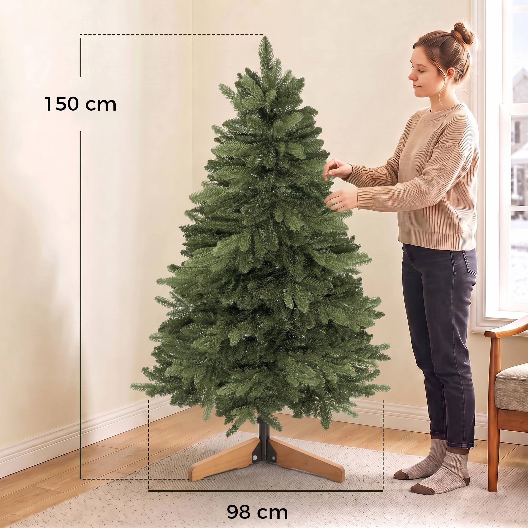 künstlicher Weihnachtsbaum 150 cm, Edeltanne, voll mit Klappästen, 525 Spitzen, faltbarer Holzständer, Grün
