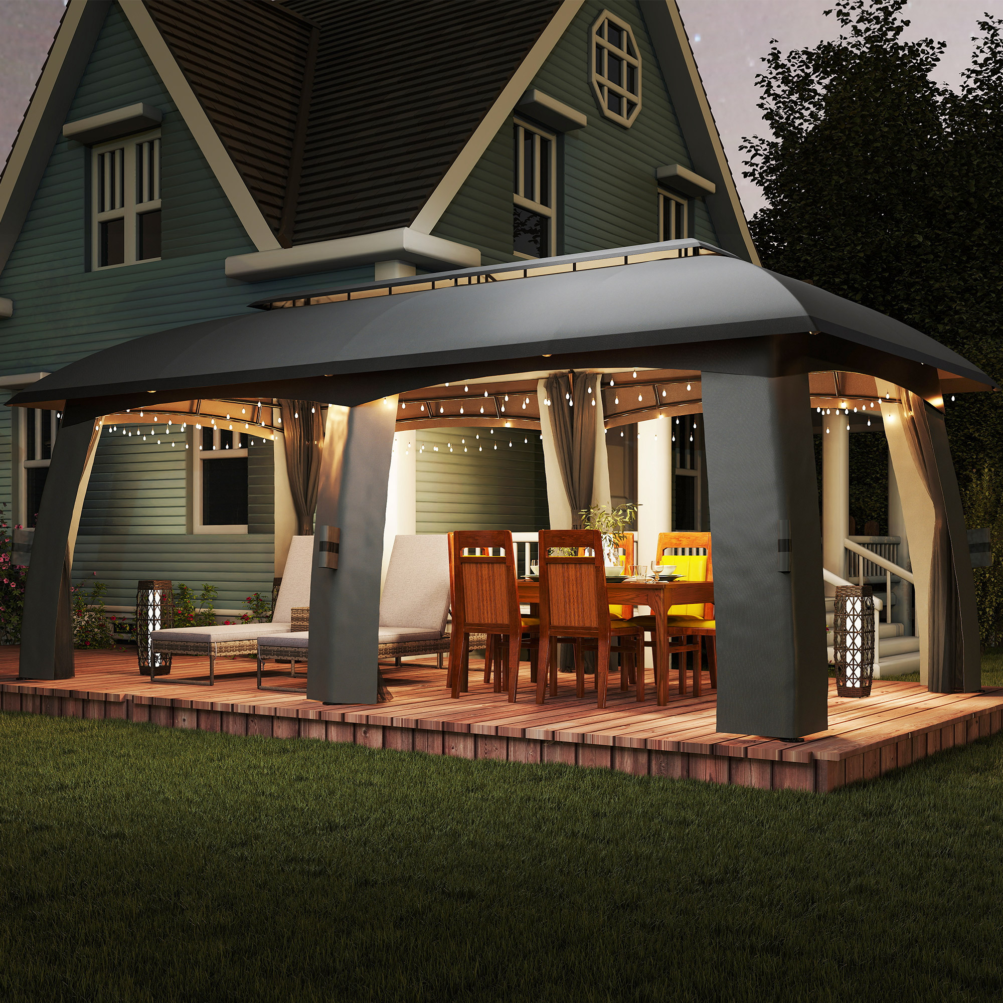 Pavillon, Partyzelt, mit Fliegennetzen, Winddach, bis 15 Personen, dunkelgrau, 3 x 6 x 3 m