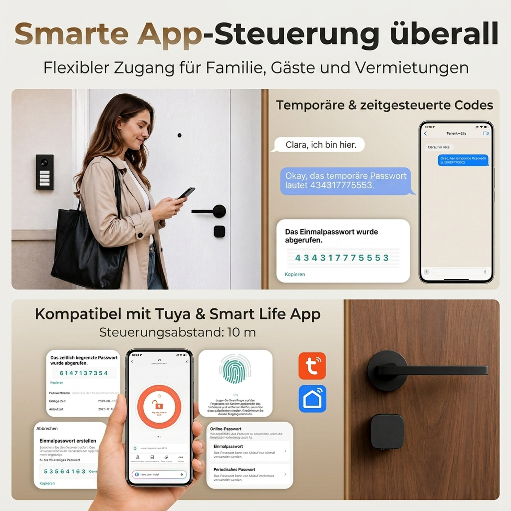 Türzylinder, 5-in-1 mit Fingerabdruck, Code, App, NFC-Karte & Schlüssel, gemeinsamer Zugriff, Bluetooth-Zylinder