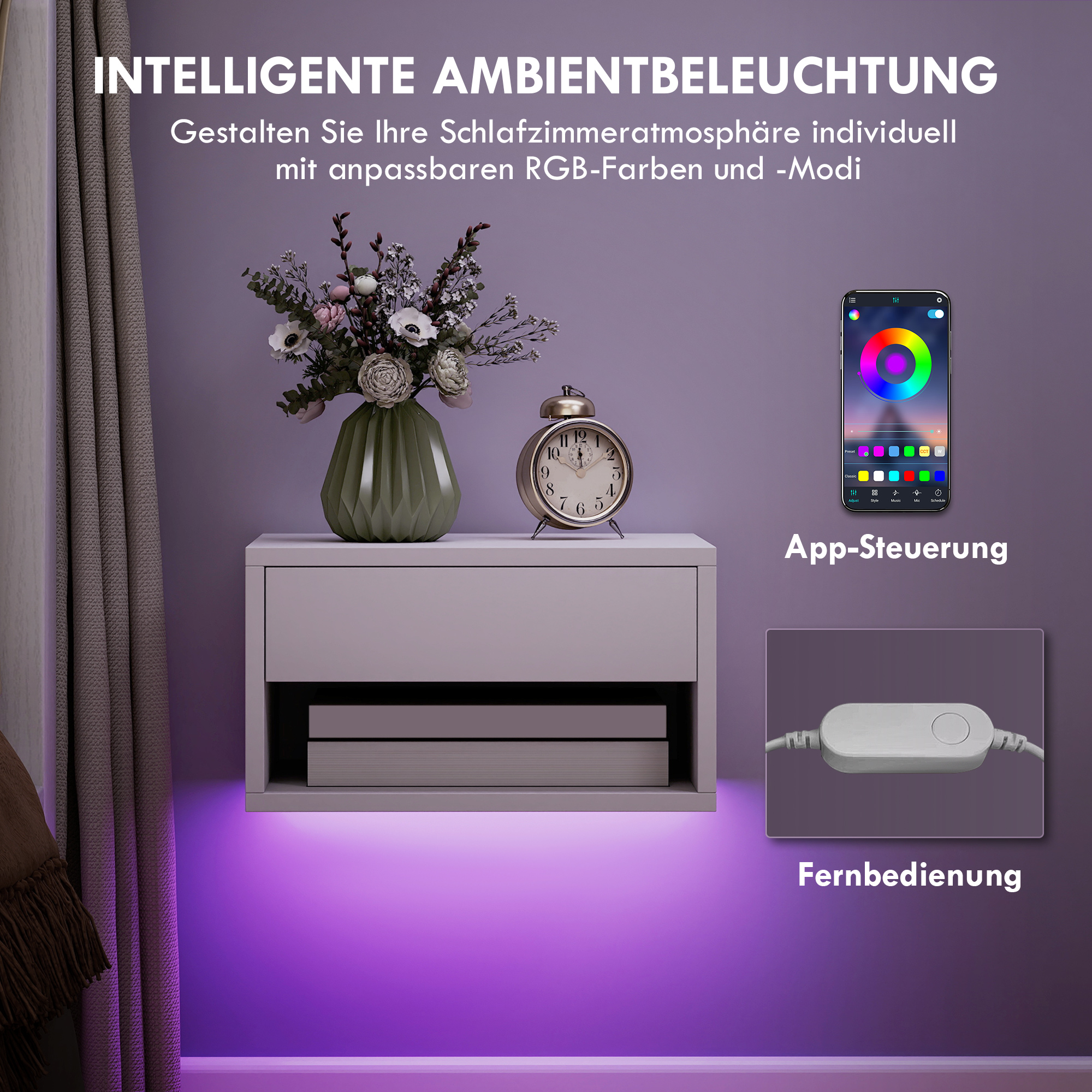 Nachttisch 2er-Set mit RGB-LED-Beleuchtung, schwebender Nachtschrank mit Schublade und offenem Fach, Weiß